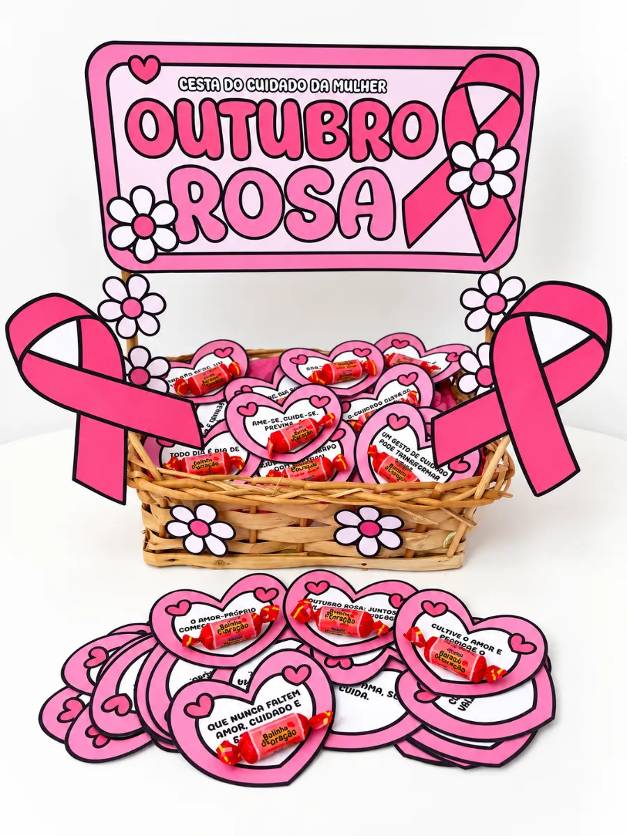 Cesta Outubro Rosa para Imprimir com 30 Mensagens — amostra 1: Celebre o Outubro Rosa com uma proposta delicada, criativa e…