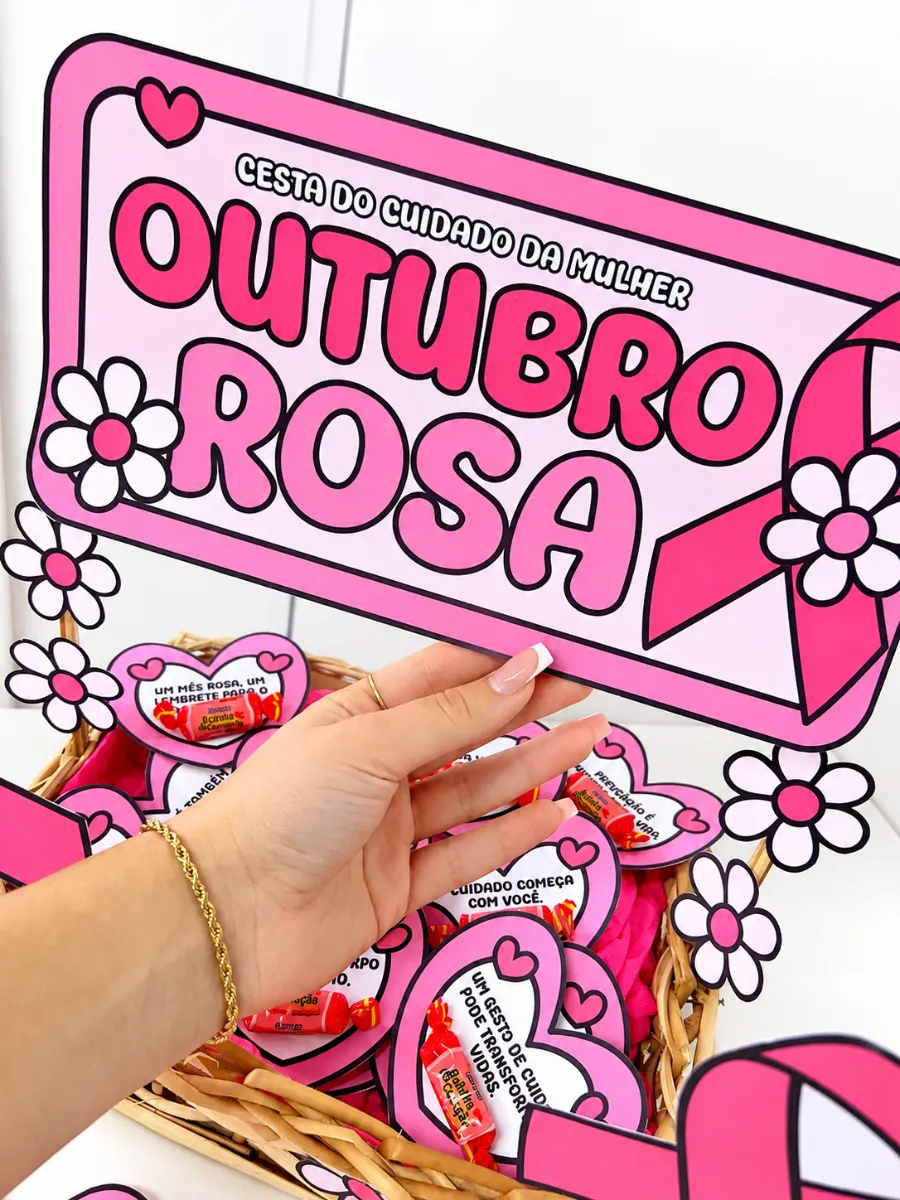 Cesta Outubro Rosa para Imprimir com 30 Mensagens — amostra 3: Cesta Outubro Rosa para imprimir com 30 corações de…