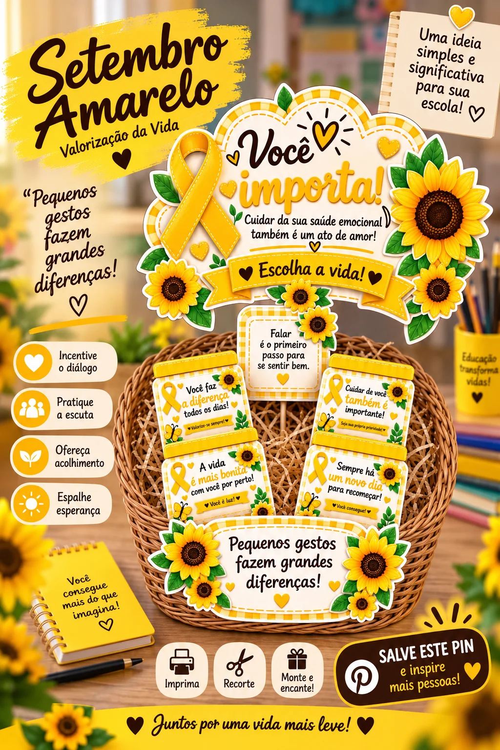 Cesta Setembro Amarelo – Pequenos gestos fazem grandes diferenças! 💛 — amostra 1: 🌻 O kit inclui: ✨ Cesta decorativa…