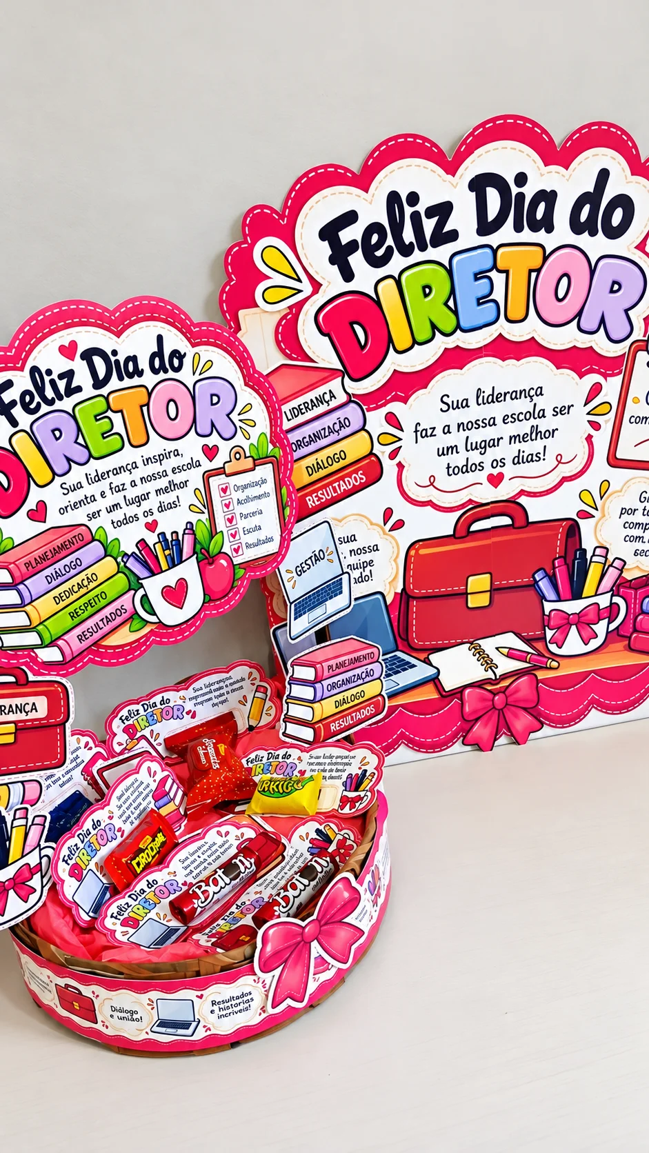 Cestinha Dia do Diretor – Lembrancinha e Painel PDF — amostra 2: Cestinha Dia do Diretor com mini painel de 4 folhas A4,…