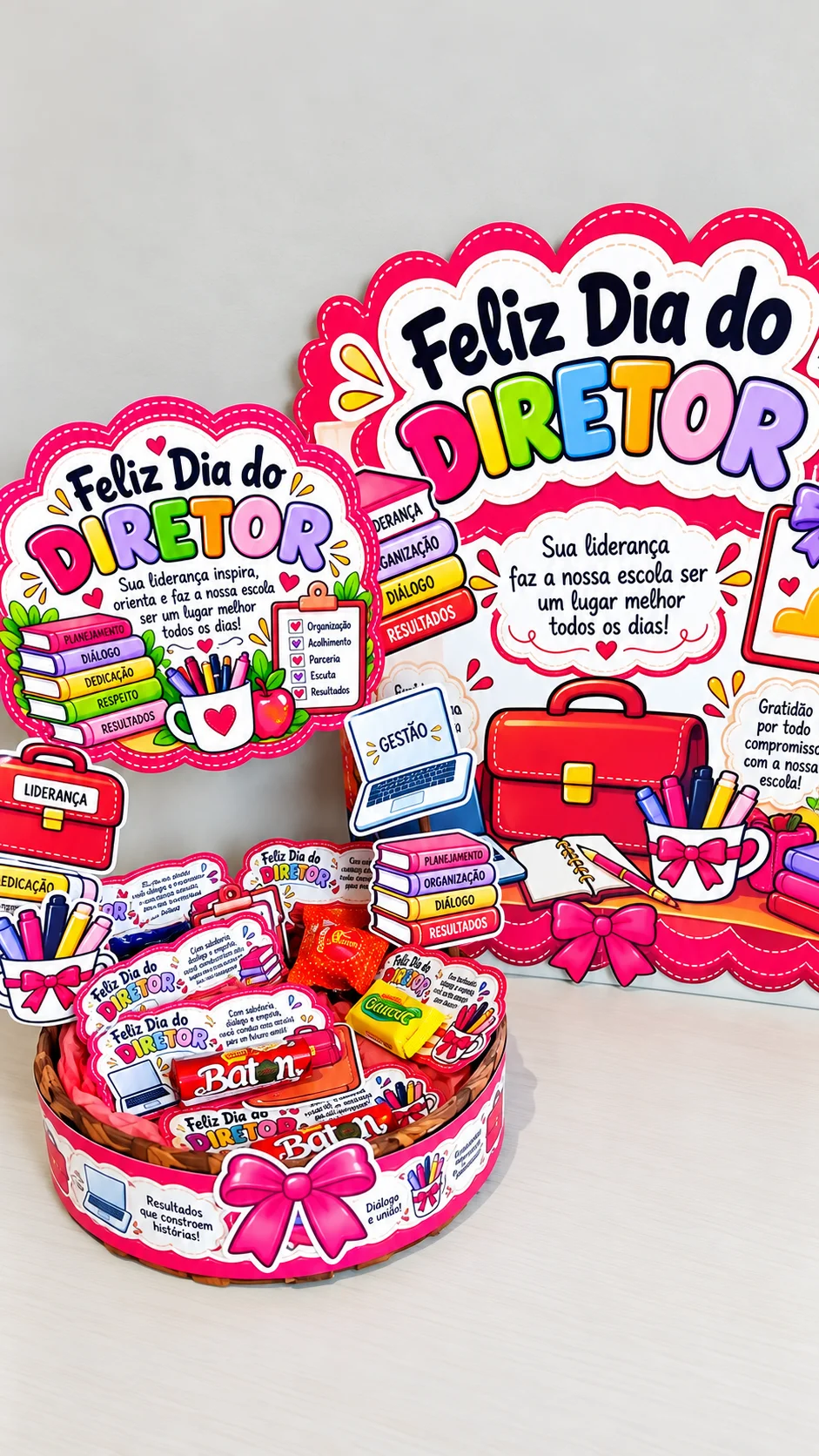 Cestinha Dia do Diretor – Lembrancinha e Painel PDF — amostra 4: Cestinha Dia do Diretor com mini painel de 4 folhas A4,…