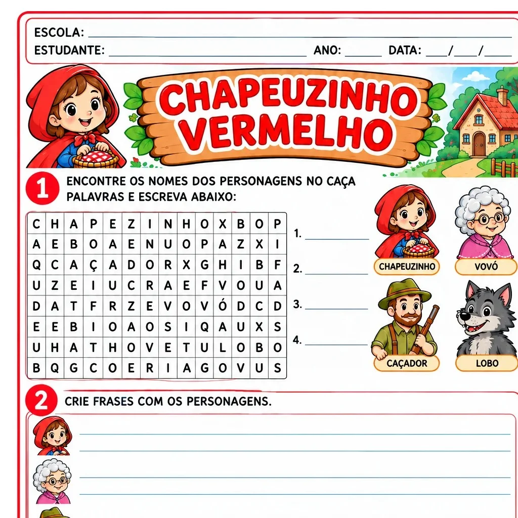 CHAPEUZINHO VERMELHO - ATIVIDADES, AVALIAÇÃO E TEXTO PEDAGÓGICO — amostra 2: Ativ/Avaliação da Chapeuzinho Vermelho para…