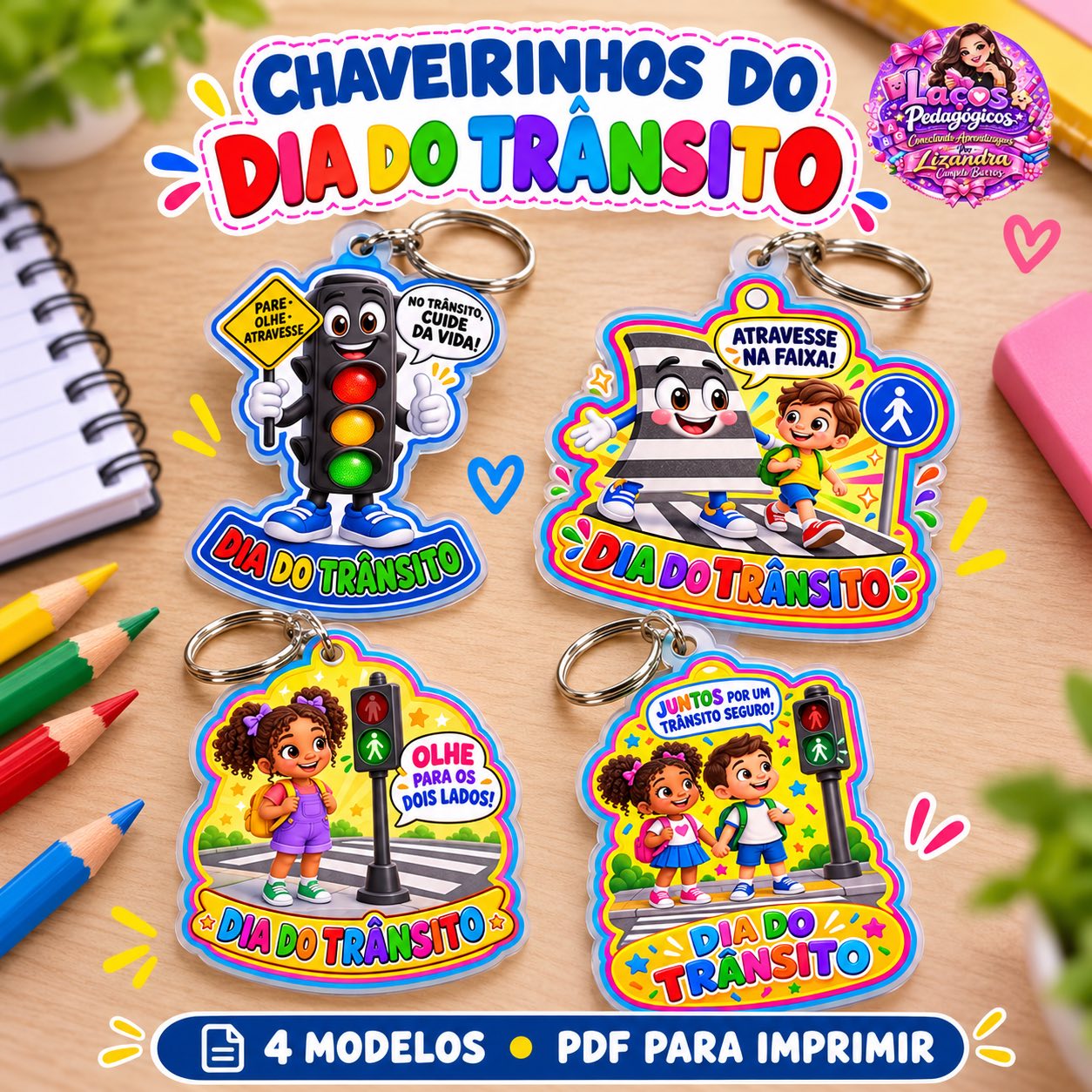 Chaveirinhos Dia do Trânsito para Imprimir | 4 Modelos Coloridos — Datas comemorativas para Todas as séries: Coleção…