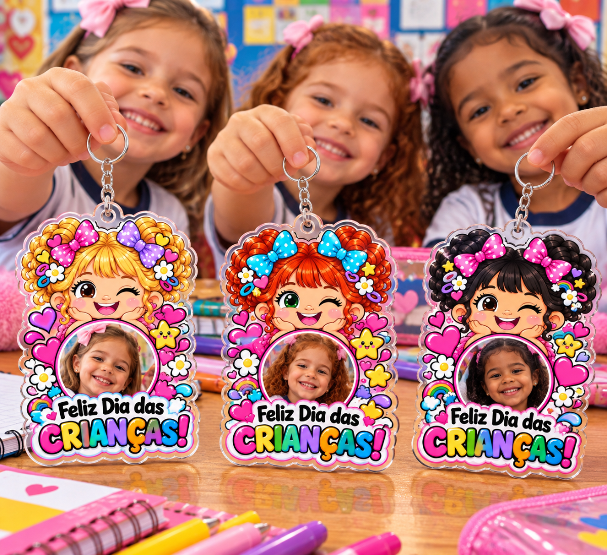 Chaveirinhos Personalizados — Dia das Crianças | Editável no Canva — amostra 1: Surpreenda as crianças com uma lembrancinha…