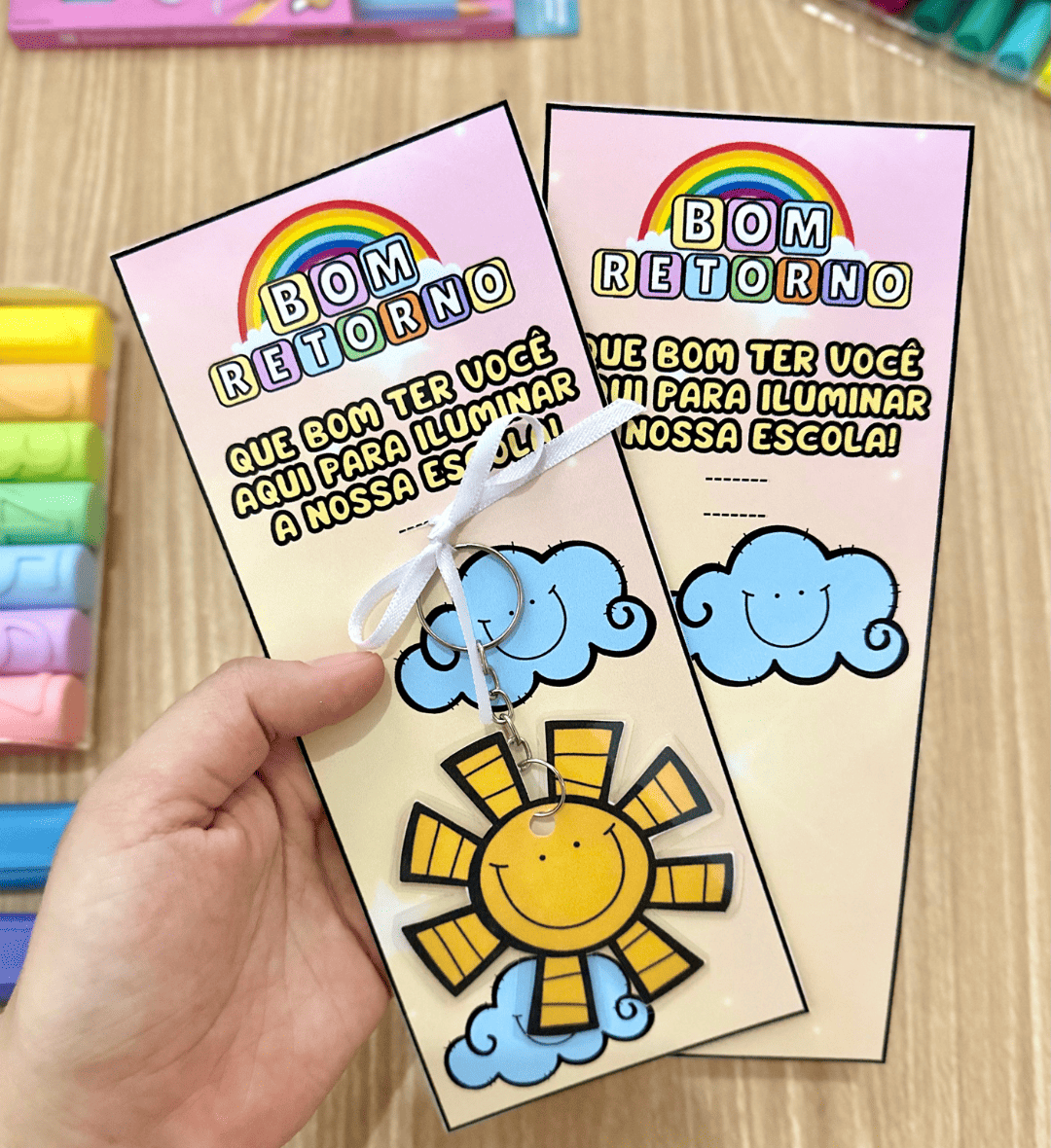 Chaveiros Bom Retorno: Kit em PDF com Cartões para Lembrancinha — amostra 3: Como imprimir e preparar as peças