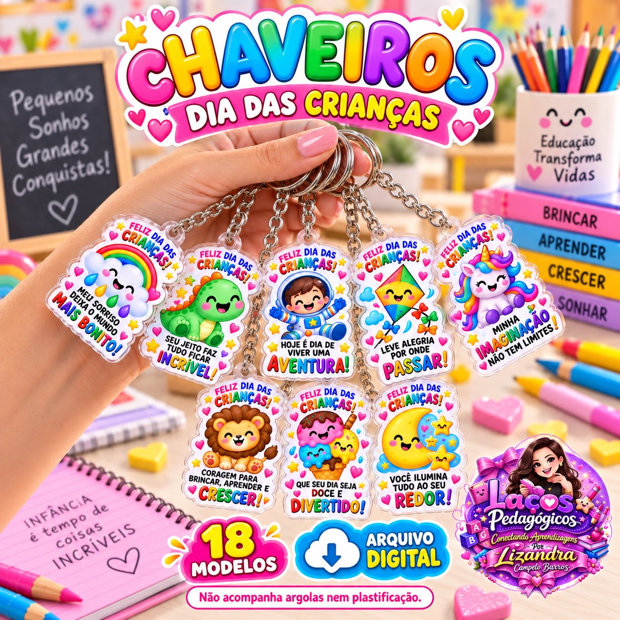 Chaveiros Dia das Crianças para Imprimir – 18 Modelos Coloridos — capa do material