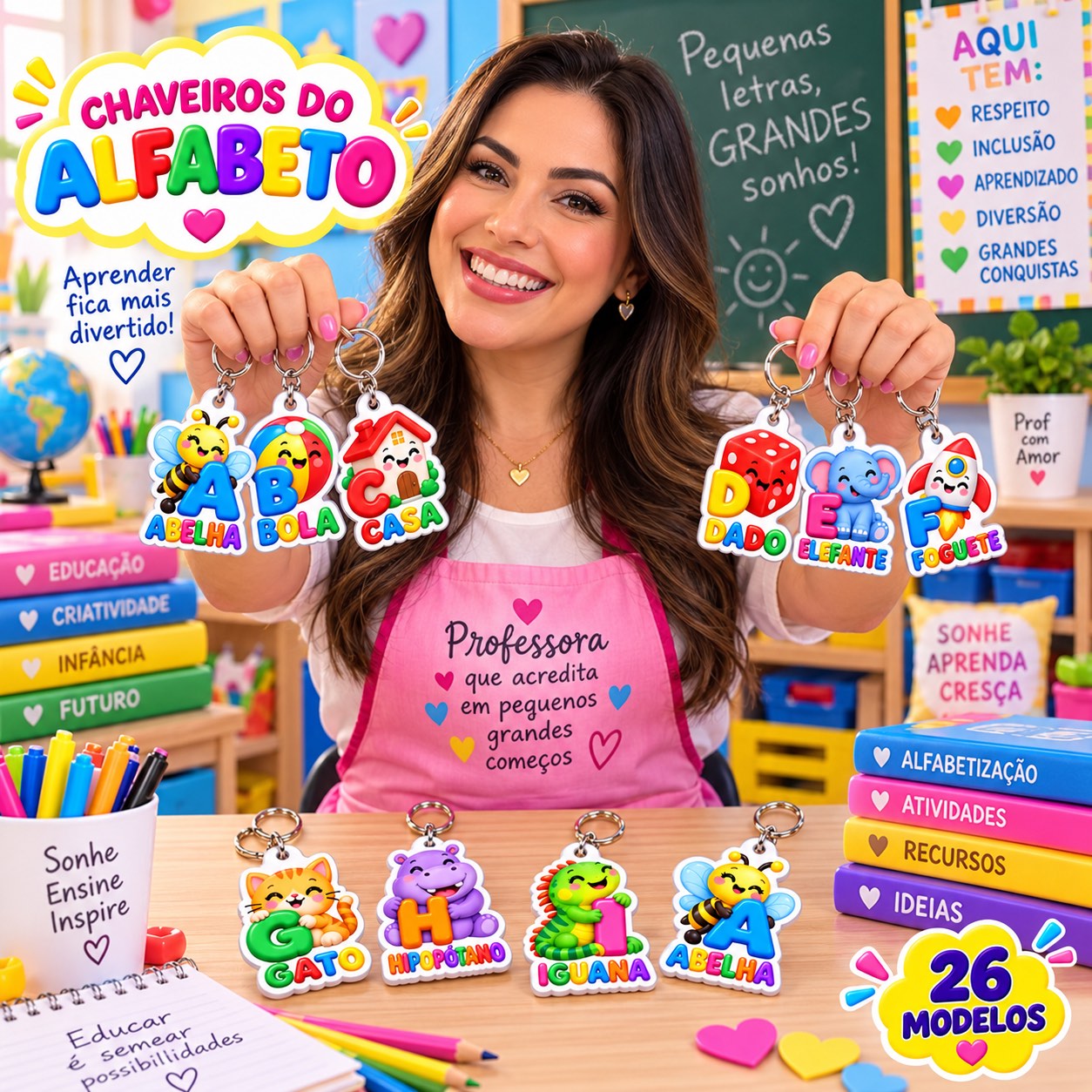 Chaveiros do Alfabeto A ao Z – 26 letras Ilustradas para Alfabetização — amostra 1: Alfabeto completo em chaveiros…