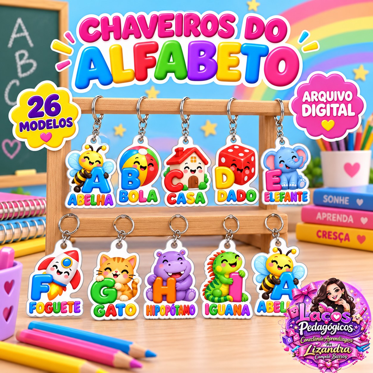 Chaveiros do Alfabeto A ao Z – 26 letras Ilustradas para Alfabetização — capa do material