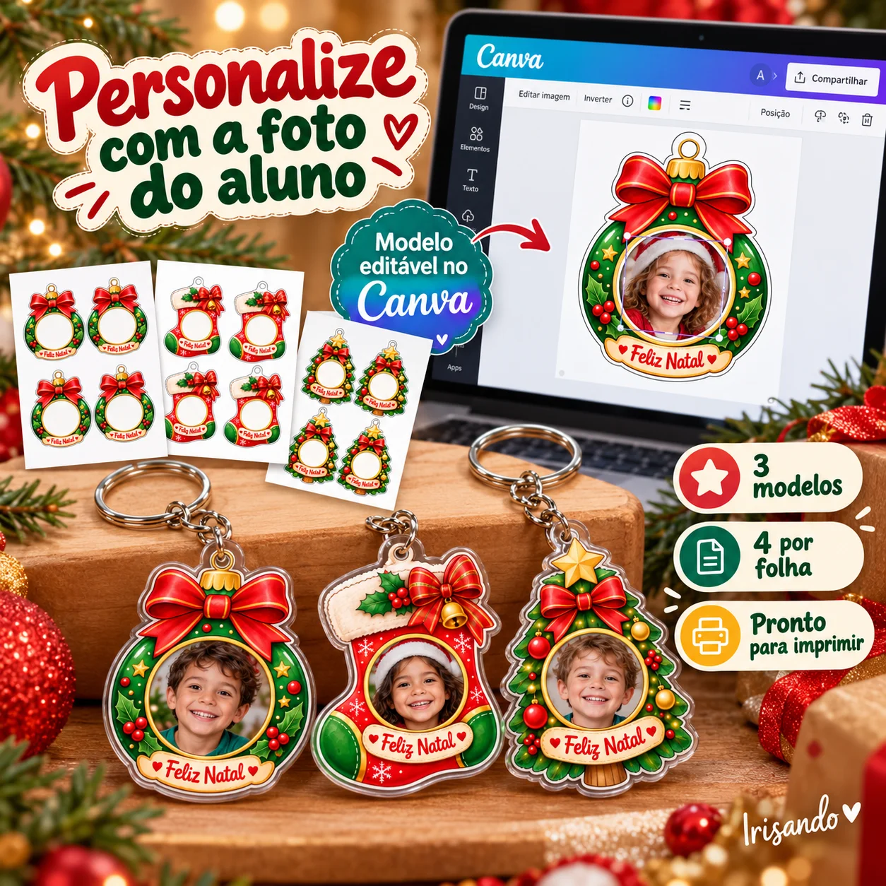 Chaveiros Natalinos com Foto|Editável no Canva — amostra 2: Encante neste Natal com chaveiros personalizados com a foto dos…