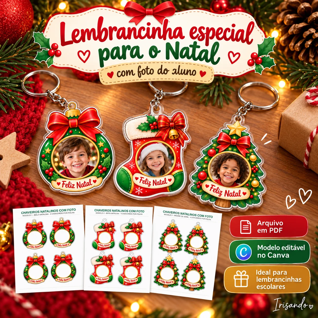 Chaveiros Natalinos com Foto|Editável no Canva — amostra 3: Encante neste Natal com chaveiros personalizados com a foto dos…