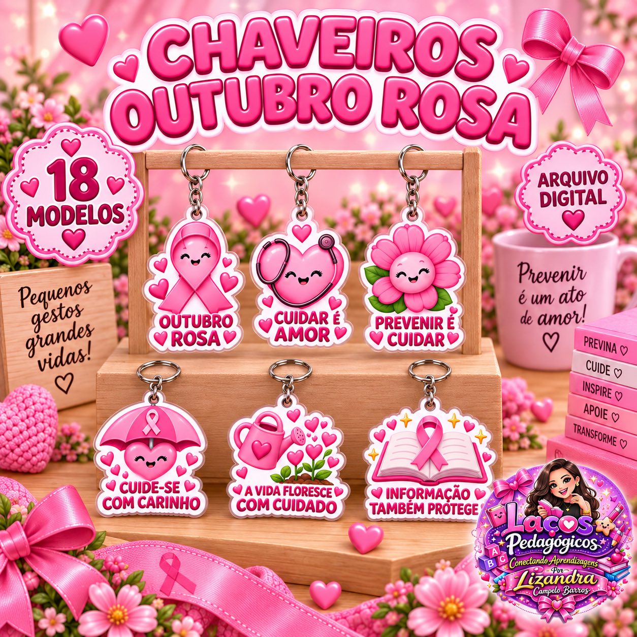 🎀 Chaveiros Outubro Rosa – 18 Modelos para Imprimir — Datas comemorativas para Todas as séries: Chaveiros delicados e…