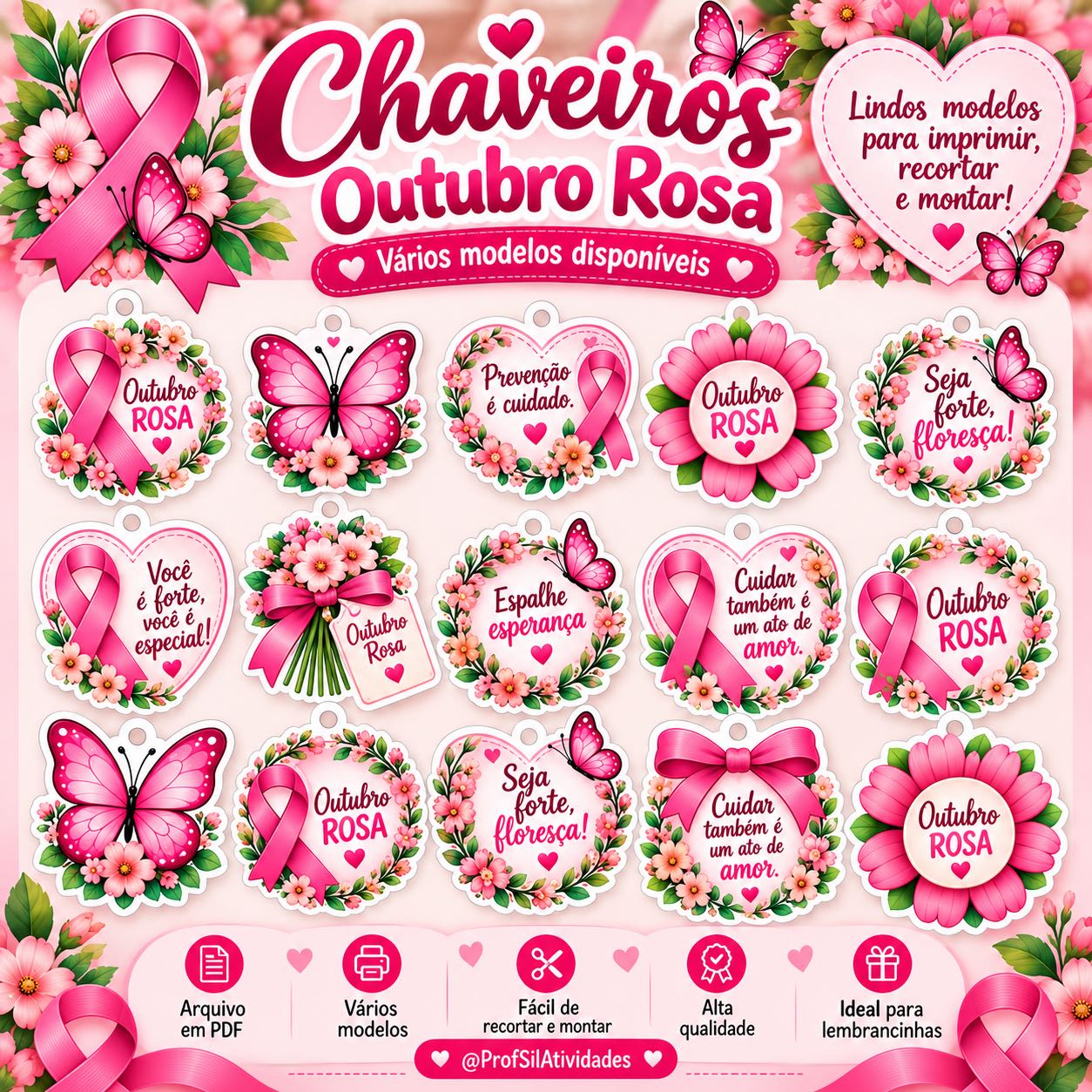 Chaveiros Outubro Rosa – Lembrancinhas para Imprimir — amostra 1: O kit reúne 24 modelos para chaveiro, com elementos como: