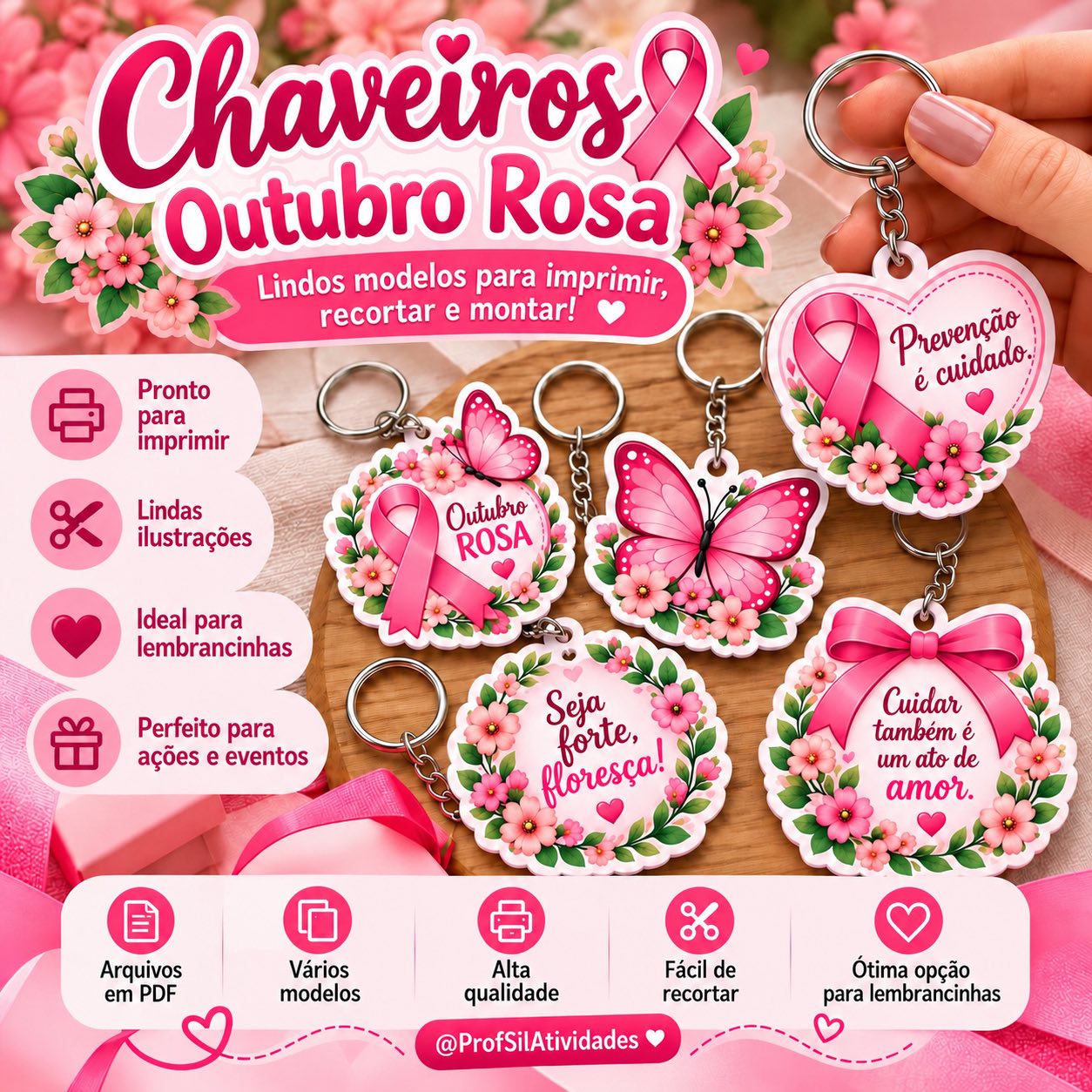 Chaveiros Outubro Rosa – Lembrancinhas para Imprimir — amostra 2: Lindos modelos de Chaveiros Outubro Rosa para imprimir,…