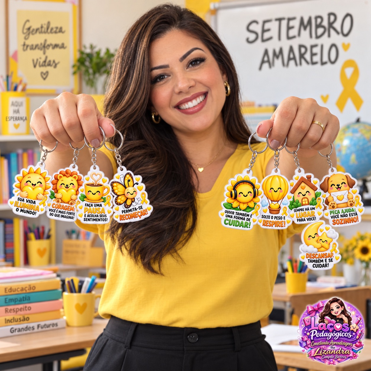 Chaveiros Setembro Amarelo para Imprimir – 18 Modelos — amostra 1: Arquivo digital com 18 modelos de chaveiros para o…