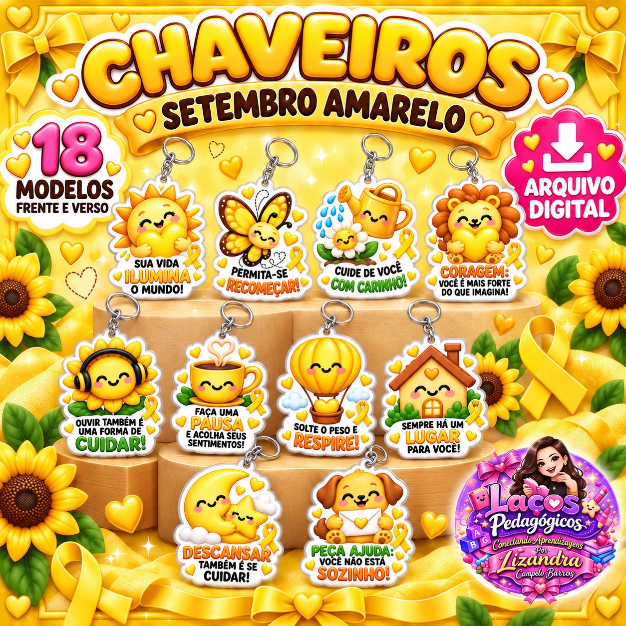 Chaveiros Setembro Amarelo para Imprimir – 18 Modelos — capa do material