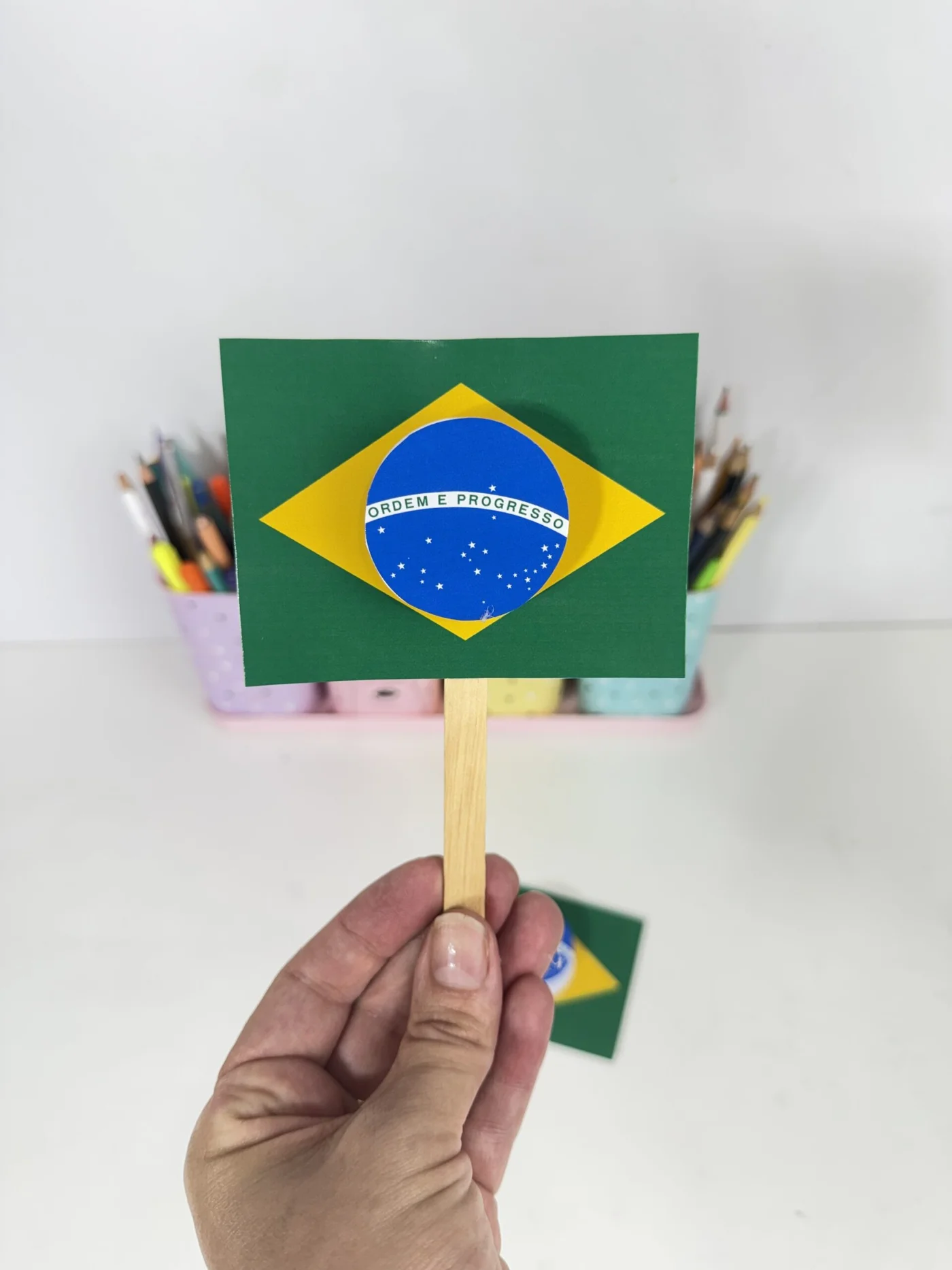 Chocalho da bandeira do Brasil — amostra 1: Chocalho da Bandeira do Brasil Este é um chocalho artesanal feito com a imagem…