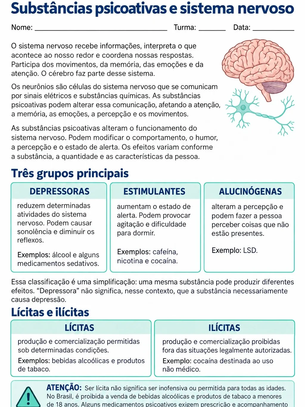 Ciências em Ação: Substâncias Psicoativas e Sistema Nervoso | 6º Ano — amostra 1: O arquivo inclui