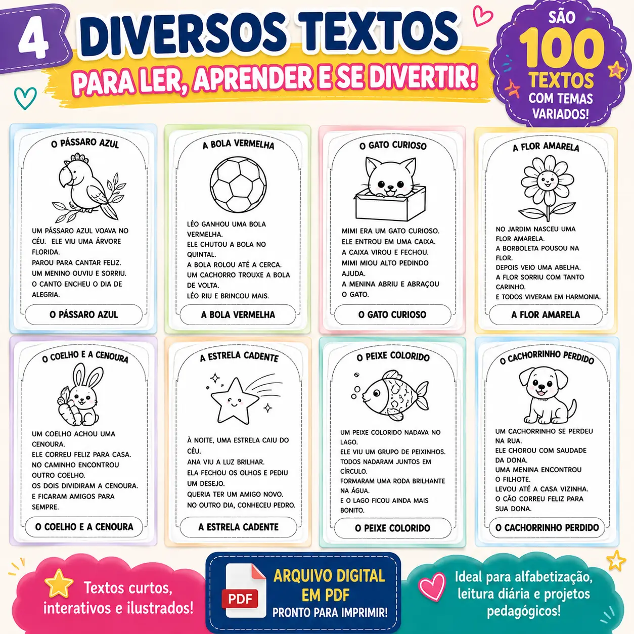 Combo 100 Textos para Leitura – Alfabetização e Fluência Leitora — amostra 4: Combo com 100 textos para desenvolver…