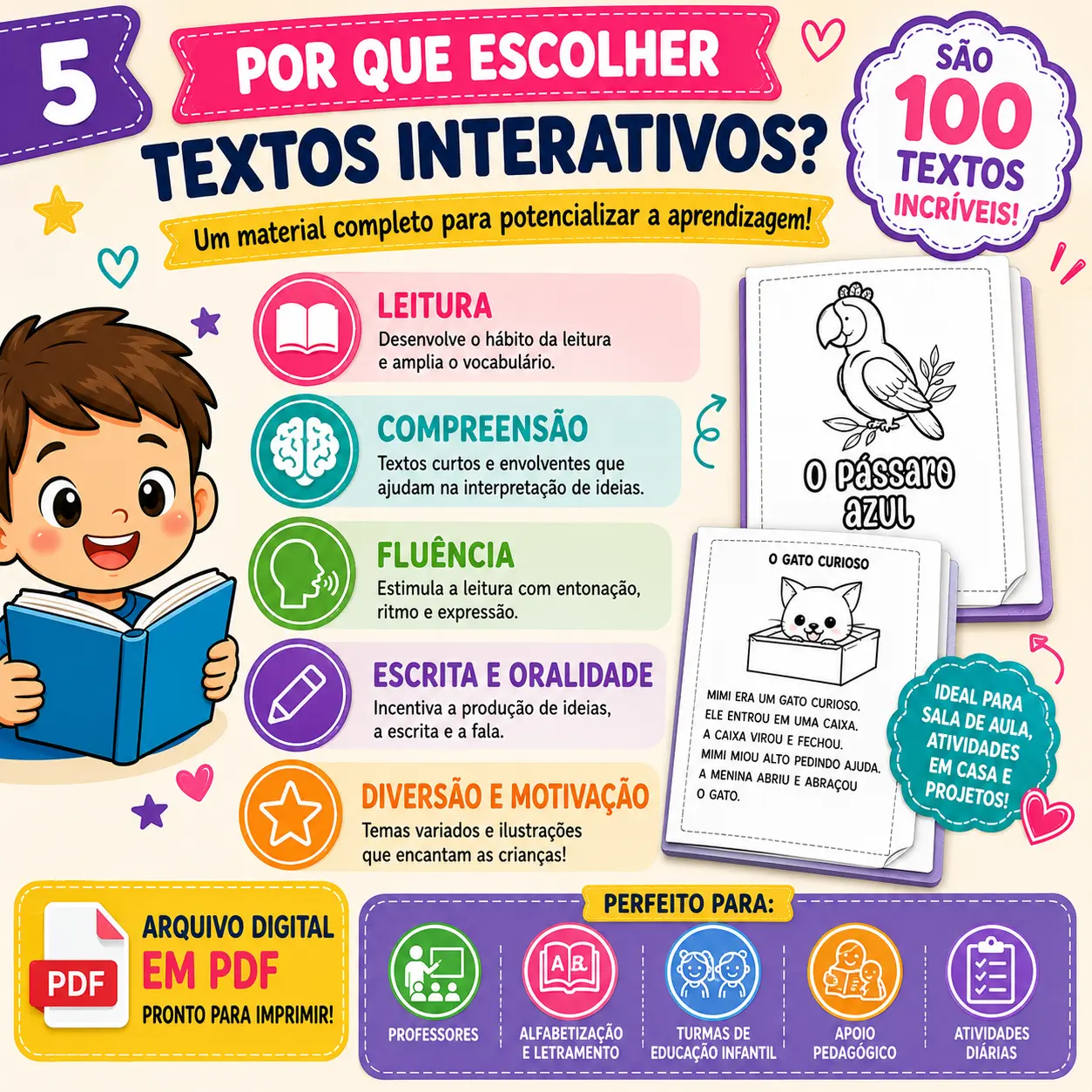 Combo 100 Textos para Leitura – Alfabetização e Fluência Leitora — amostra 5: Combo com 100 textos para desenvolver…