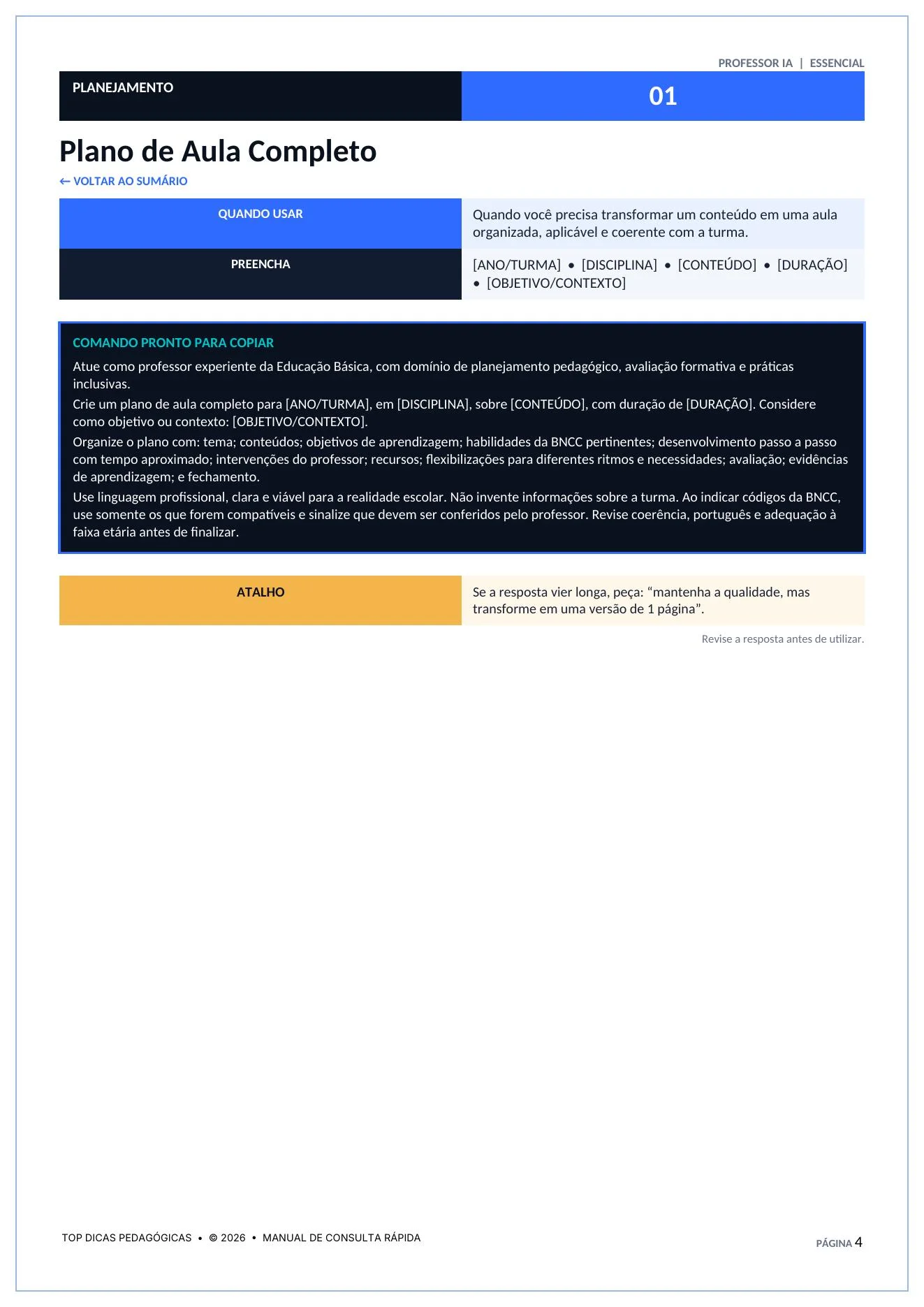 Combo 40 Comandos de Inteligência Artificial para Professores (PDF) — amostra 3: Economize horas de planejamento escolar…