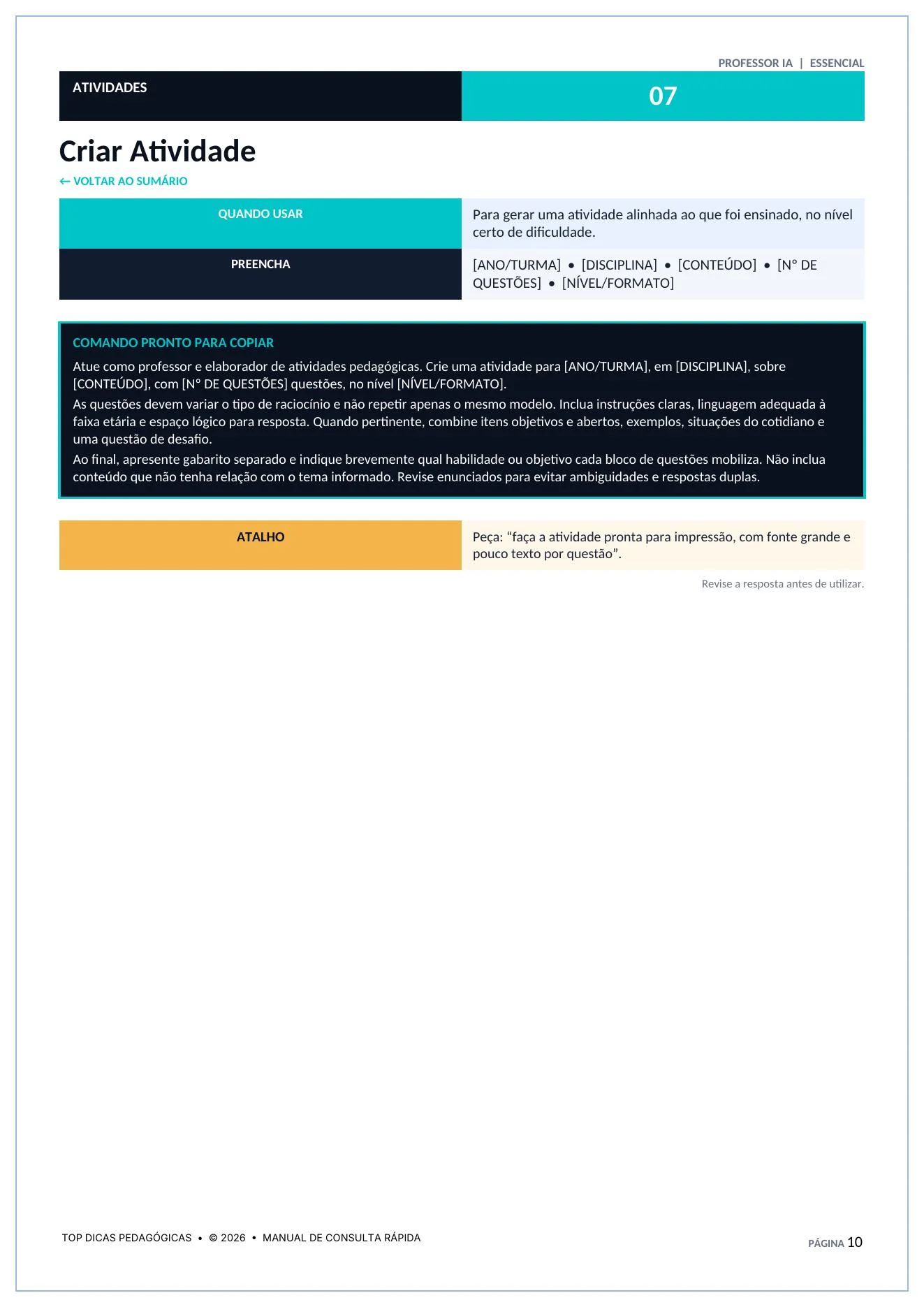 Combo 40 Comandos de Inteligência Artificial para Professores (PDF) — amostra 4: Economize horas de planejamento escolar…