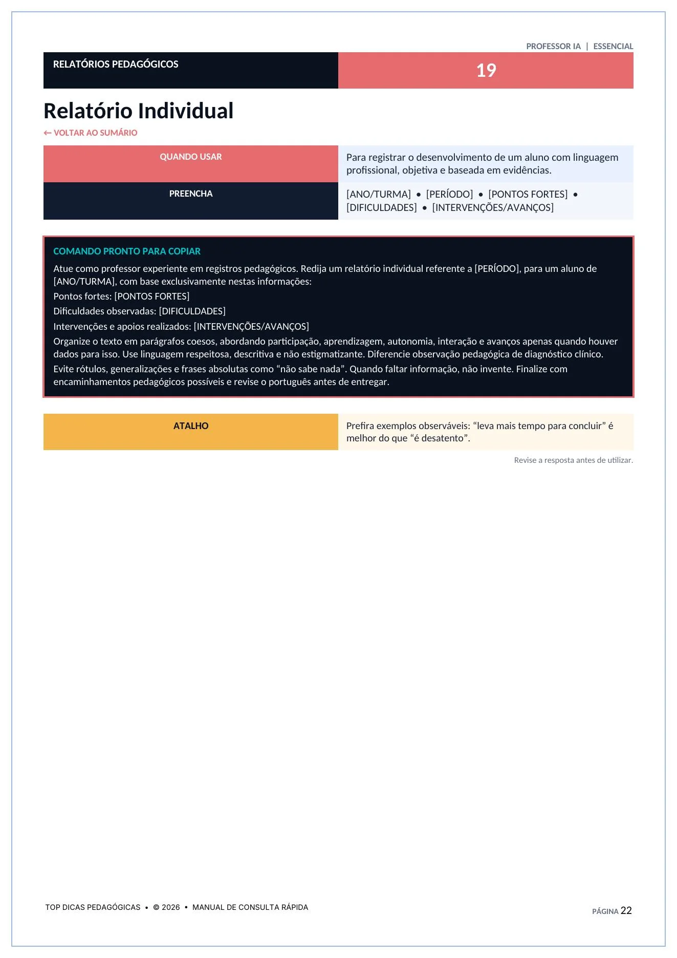 Combo 40 Comandos de Inteligência Artificial para Professores (PDF) — amostra 6: Economize horas de planejamento escolar…