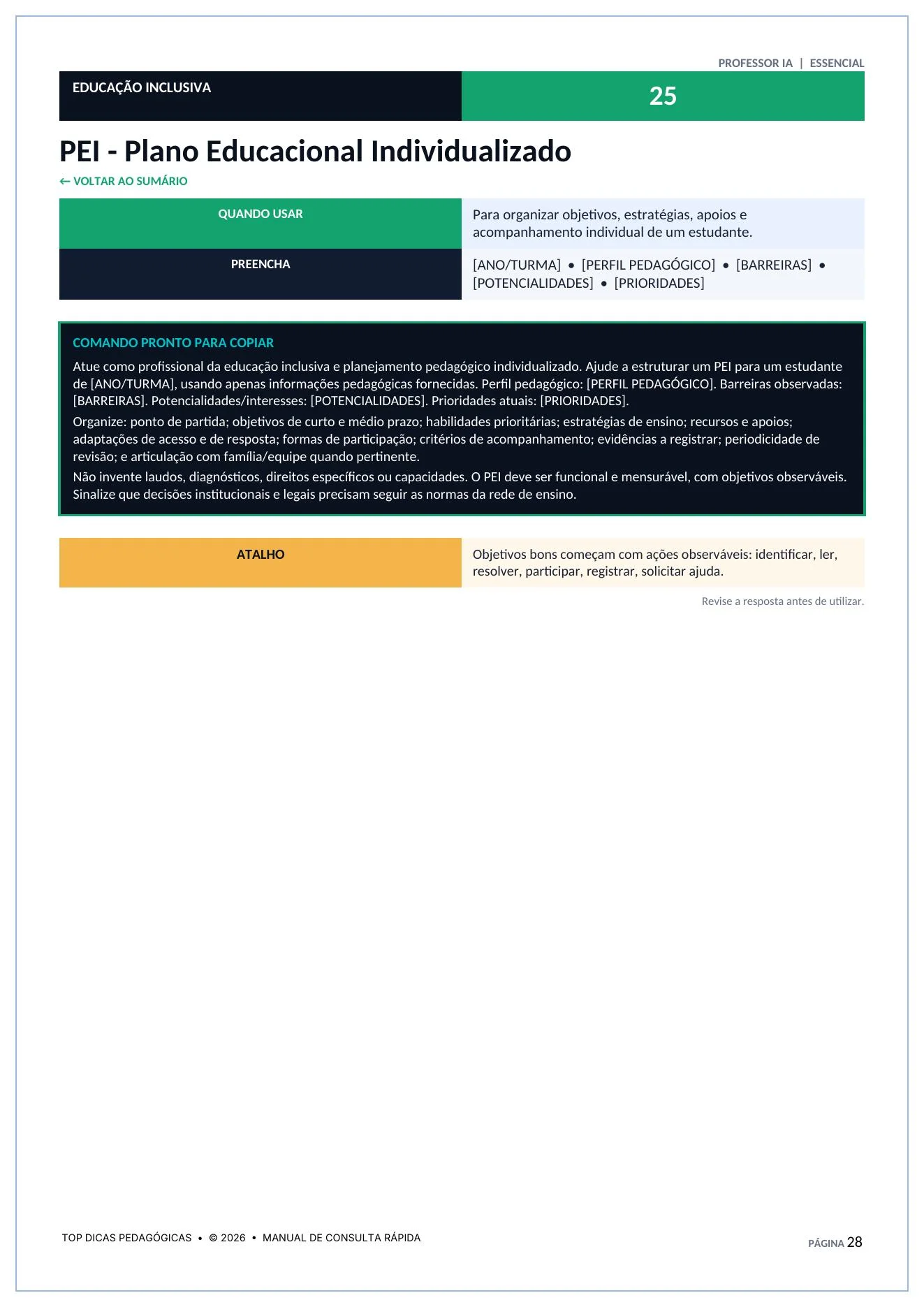 Combo 40 Comandos de Inteligência Artificial para Professores (PDF) — amostra 7: Economize horas de planejamento escolar…