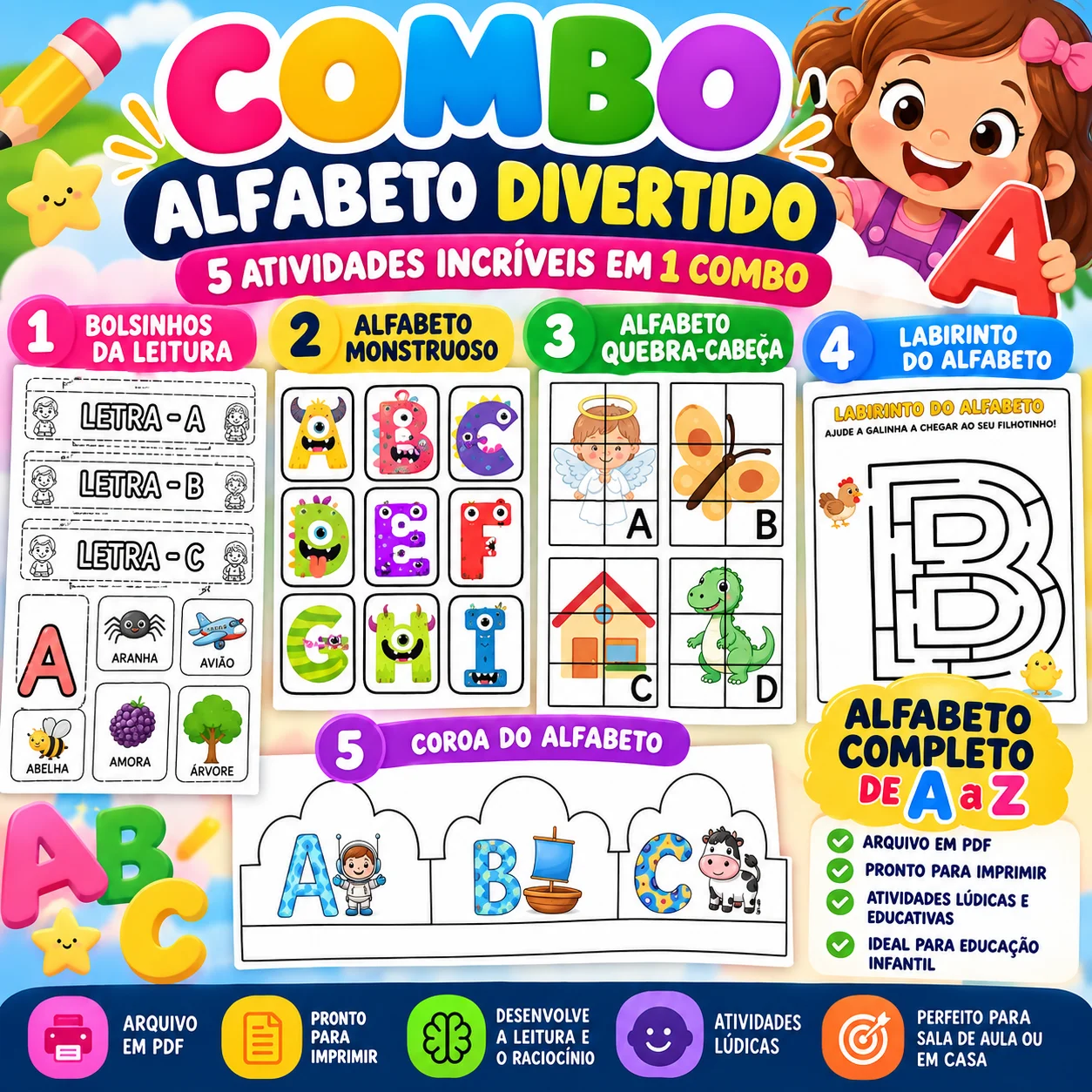 COMBO ALFABETO – Atividades Pedagógicas Lúdicas em PDF — Alfabetização para Educação Infantil: Alfabeto Divertido: 5…