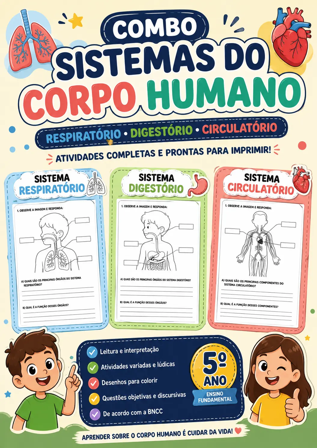 Combo Corpo Humano – 3 Sistemas.– 5° ano — Português para Todas as séries: Combo com atividades sobre os sistemas…