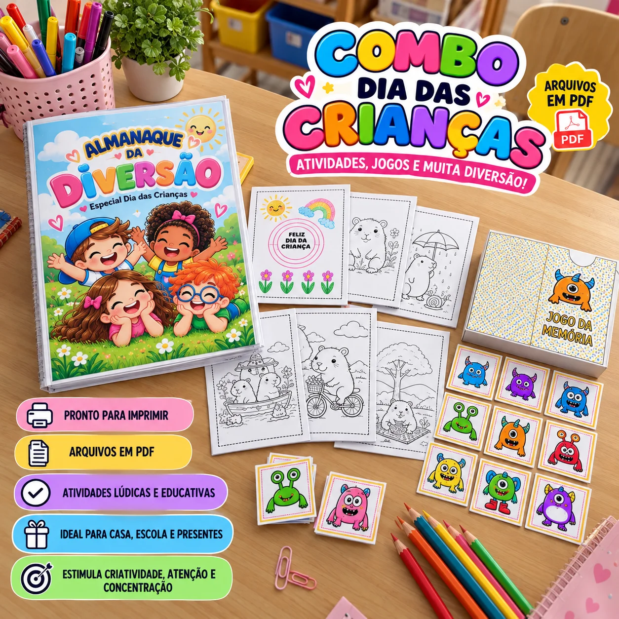 Combo Dia das Crianças: Almanaque, Colorir e Jogo da Memória — Jogos pedagógicos para Educação Infantil: Diversão garantida…
