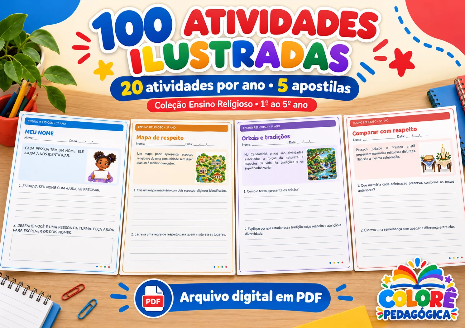 Combo Ensino Religioso do 1º ao 5º Ano | 100 Atividades — amostra 1: Cinco apostilas de Ensino Religioso para facilitar seu…