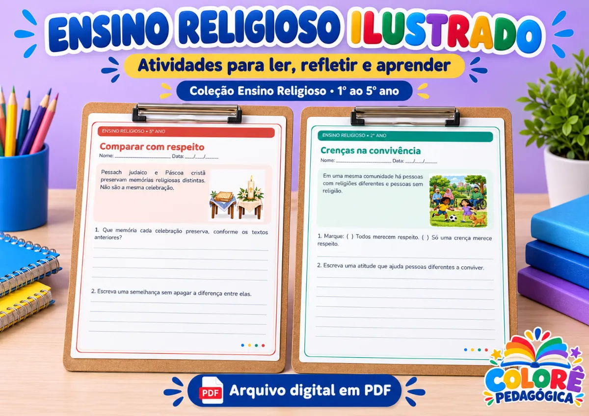 Combo Ensino Religioso do 1º ao 5º Ano | 100 Atividades — Conviver e Respeitar — amostra 2: Cinco apostilas de Ensino…
