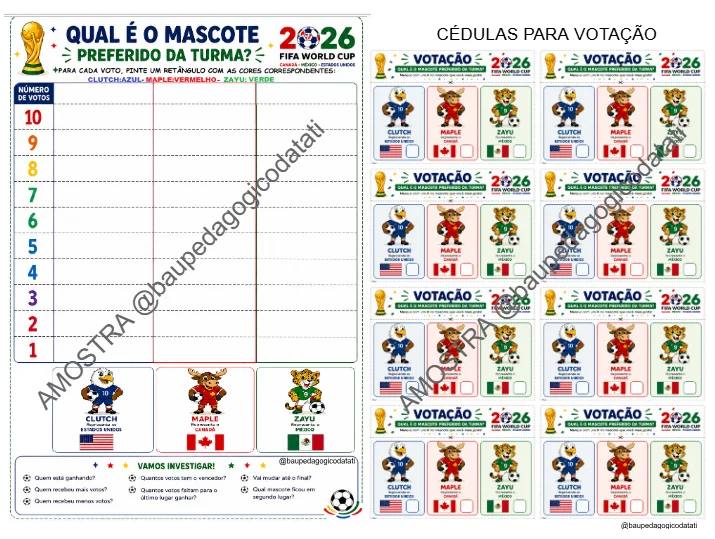 COMBO: MASCOTE PREFERIDO DA TURMA – Votação, Gráfico e Medalhas | Copa do Mundo 2026 | BNCC — amostra 2: Atividade completa…