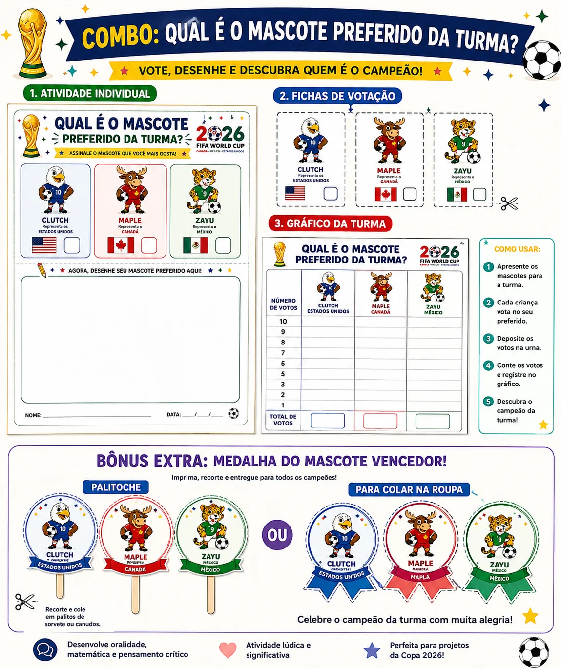 COMBO: MASCOTE PREFERIDO DA TURMA – Votação, Gráfico e Medalhas | Copa do Mundo 2026 | BNCC — amostra 4: Atividade completa…