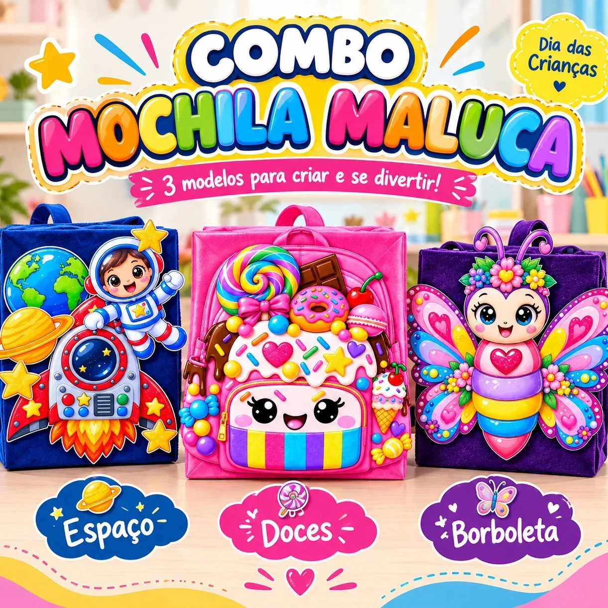 Combo Mochila Maluca Dia das Crianças – 3 Modelos — capa do material