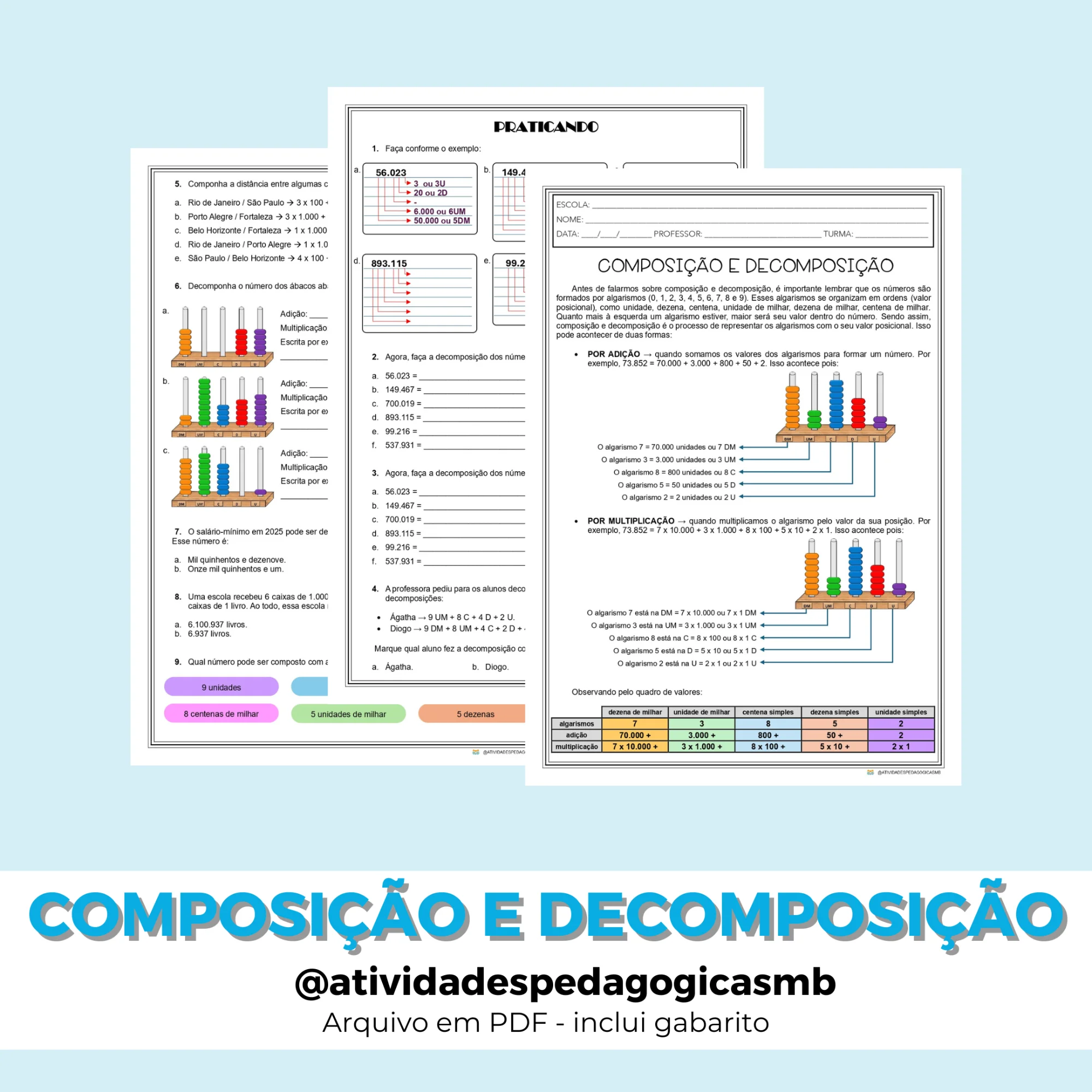 Composição e Decomposição de Números - NÚMEROS (PDF) — Matemática para 4º ano: Atividade de Matemática sobre composição e…