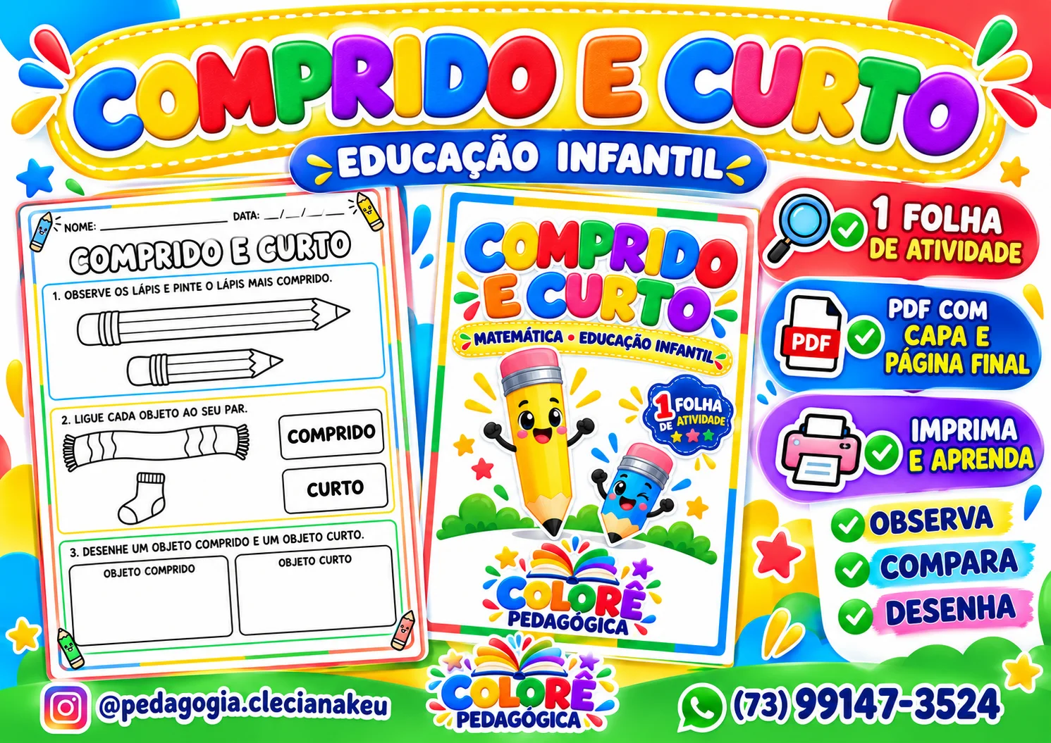Comprido e Curto — Atividade de Matemática para Educação Infantil — amostra 1: O PDF contém 3 páginas A4: capa, uma folha…