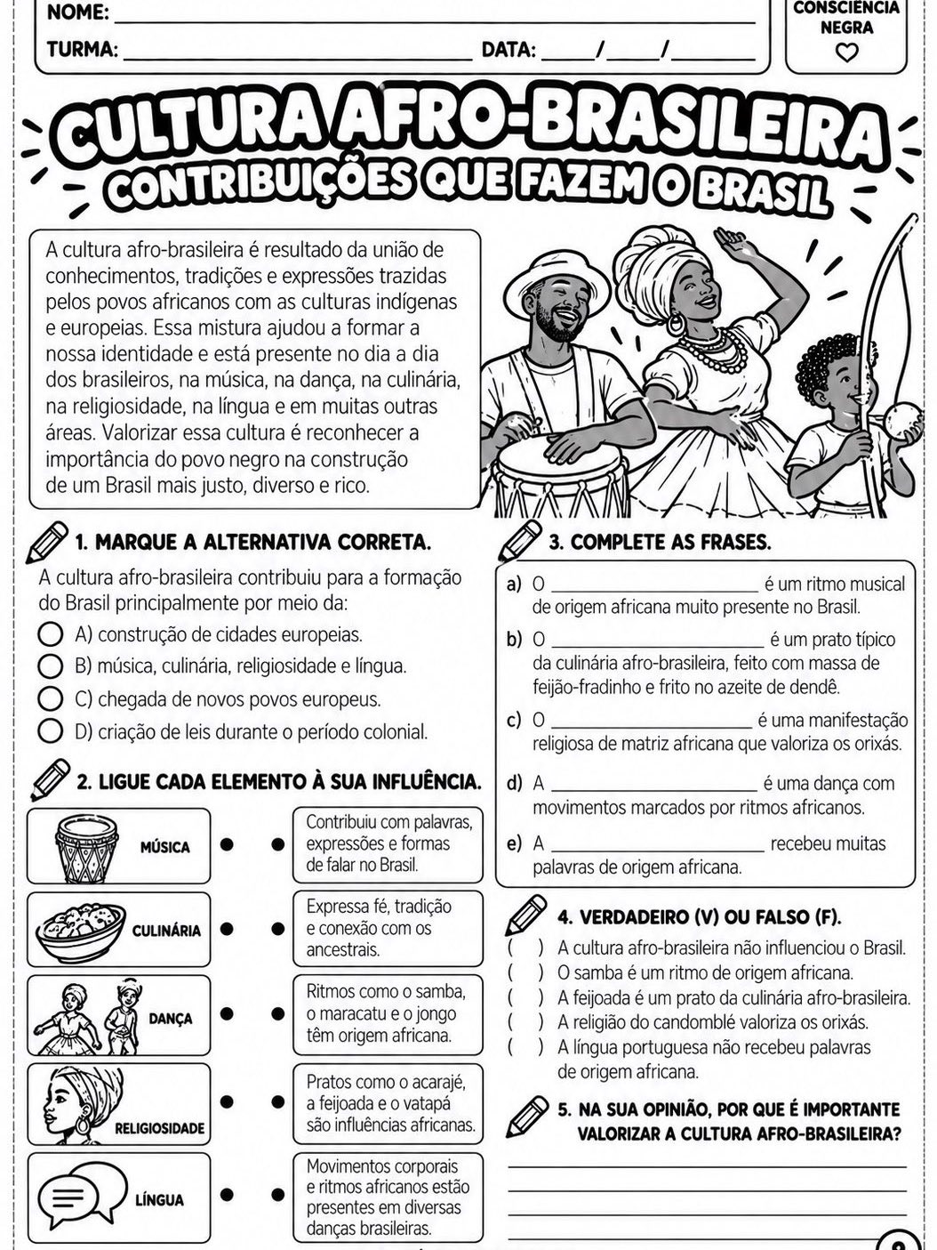 Consciência Negra – 10 Atividades para Imprimir | Fundamental I — amostra 3: Kit Consciência Negra com 10 atividades em PDF…