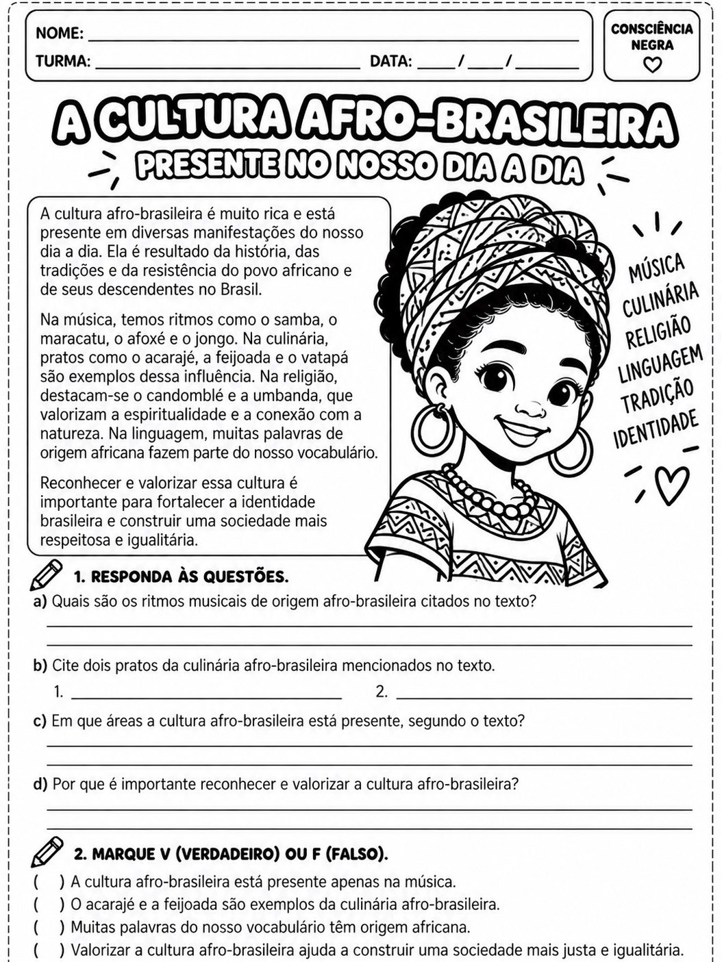 Consciência Negra – 10 Atividades para Imprimir | Fundamental I — amostra 5: Kit Consciência Negra com 10 atividades em PDF…
