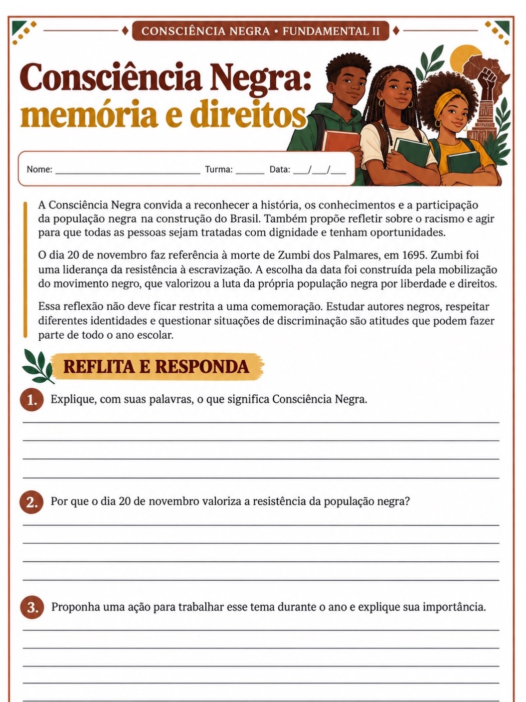 Consciência Negra: 5 Atividades para Fundamental 2 com Textos — amostra 4: 5 atividades ilustradas sobre Consciência Negra…