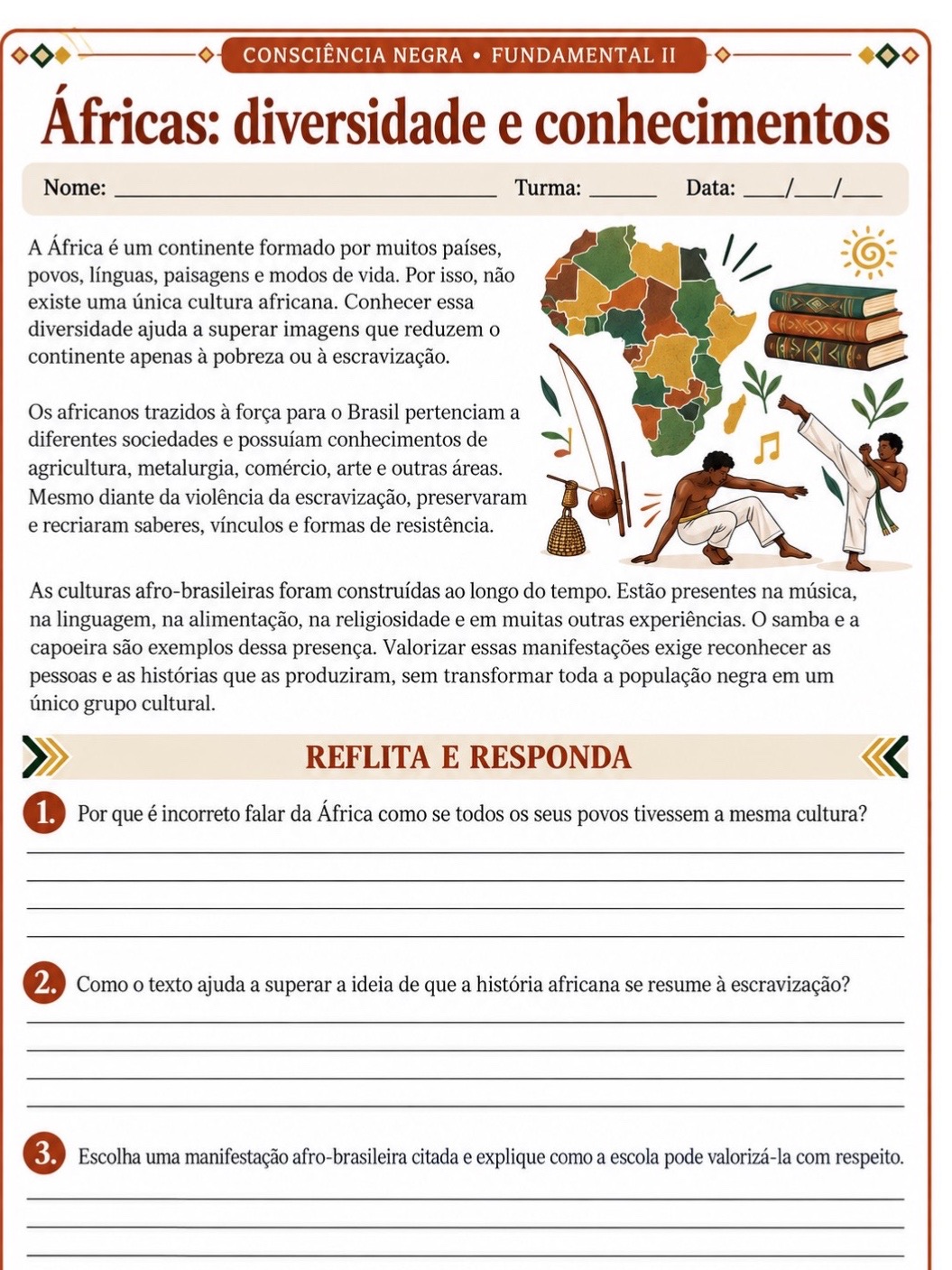 Consciência Negra: 5 Atividades para Fundamental 2 com Textos — amostra 5: 5 atividades ilustradas sobre Consciência Negra…