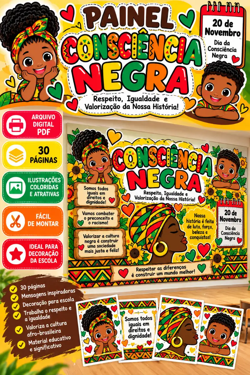Consciência Negra Painel "30 páginas" — amostra 2: Celebre o Dia da Consciência Negra com um painel colorido, educativo e…