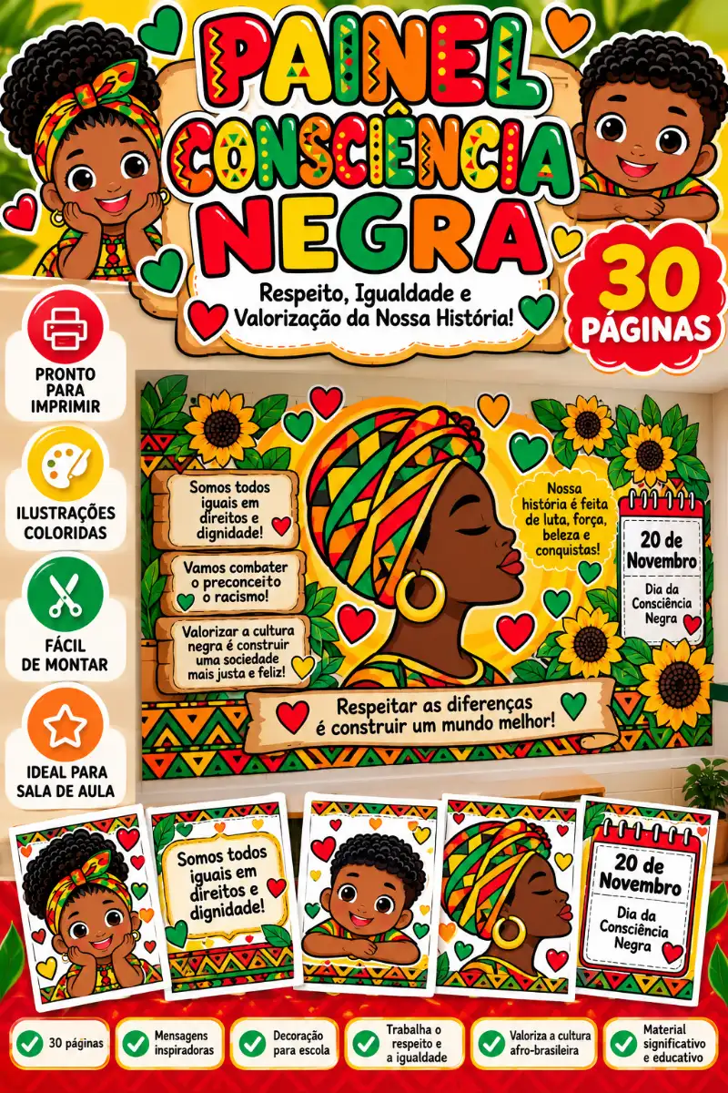 Consciência Negra Painel "30 páginas" — amostra 4: Celebre o Dia da Consciência Negra com um painel colorido, educativo e…