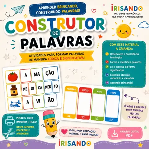 CONSTRUTOR DE PALAVRAS – ALFABETIZAÇÃO 1° ANO — amostra 1: A criança observa a figura, organiza as partes da palavra e…