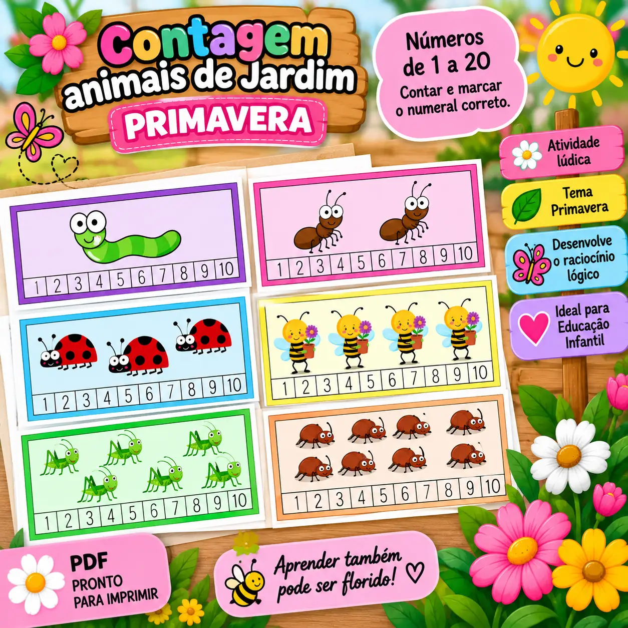Contagem dos Animais de Jardim – Números de 1 a 20 | Primavera — amostra 3: Atividade de contagem de 1 a 20 com animais de…