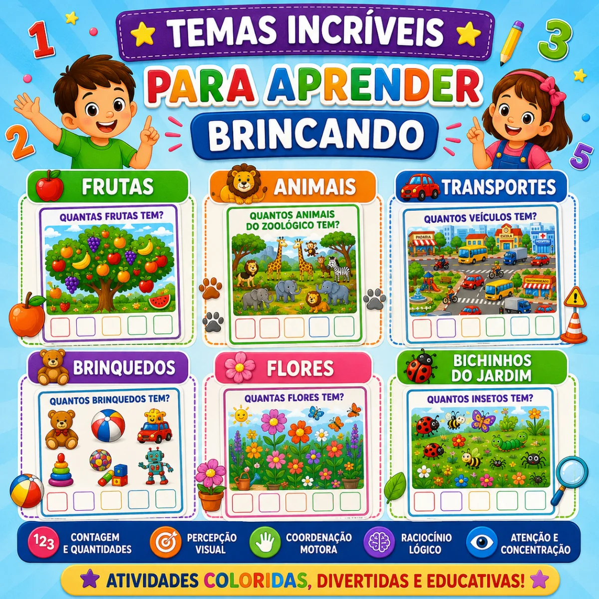 Contagem e Quantidades – Matemática para Educação Infantil — amostra 3: 📖 Temas trabalhados na apostila