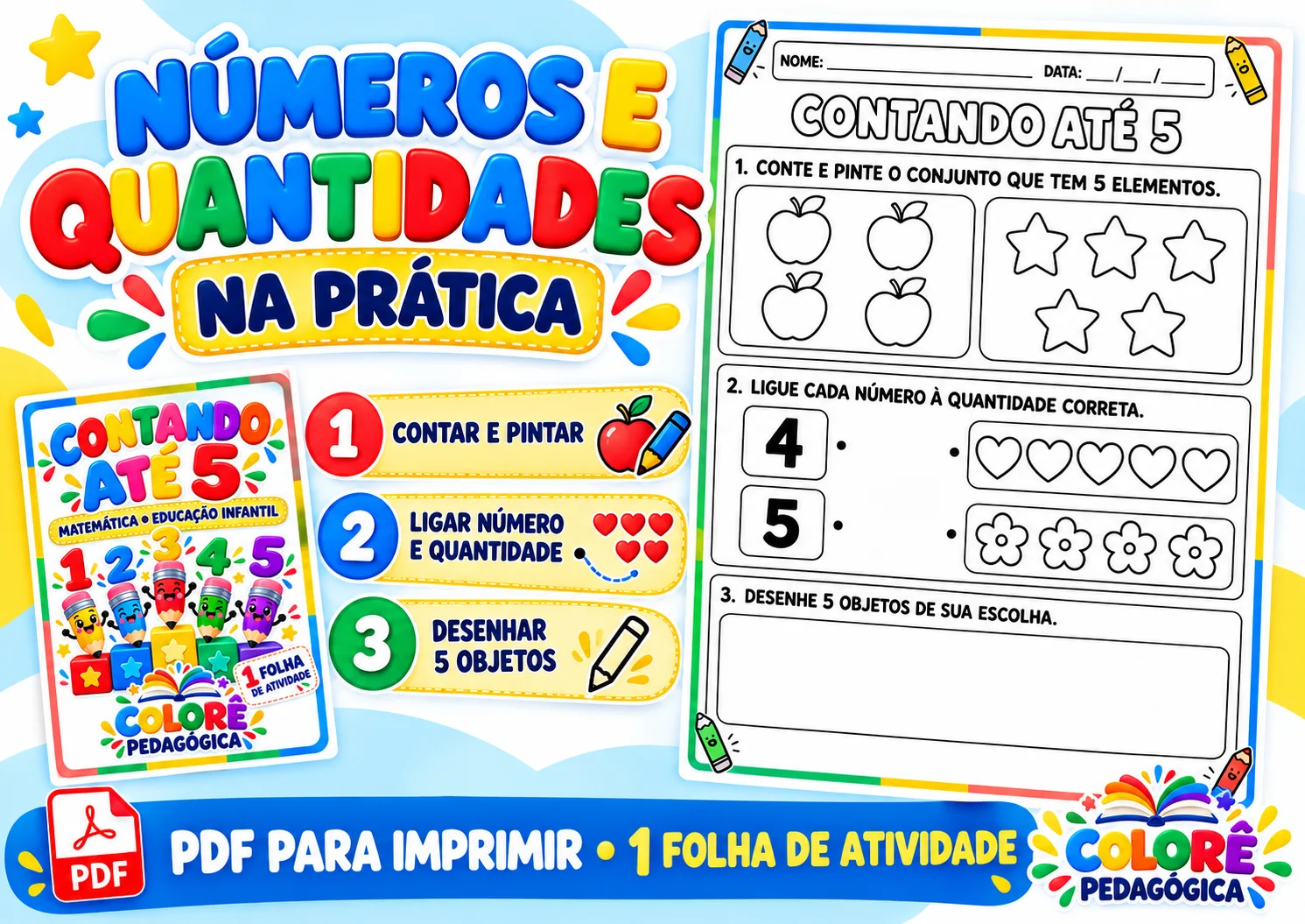 Contando até 5 — Atividade de Matemática para Educação Infantil PDF A4 — amostra 1: O PDF contém 3 páginas A4: capa, uma…