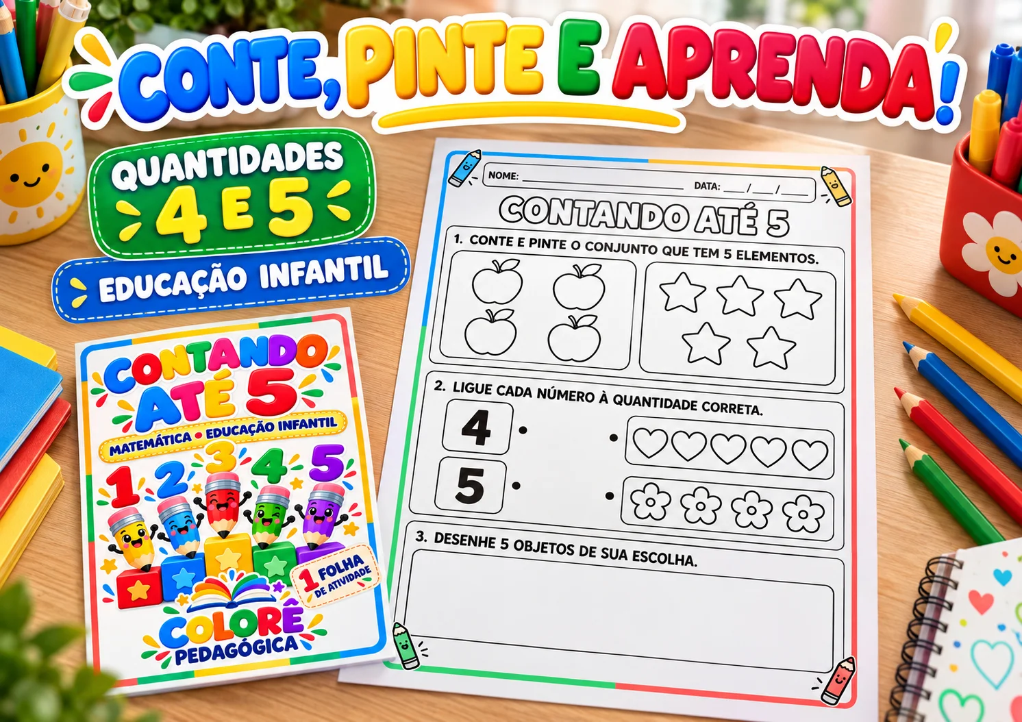 Contando até 5 — Atividade de Matemática para Educação Infantil PDF A4 — amostra 2: ✨ DESCRIÇÃO CURTA Uma atividade…