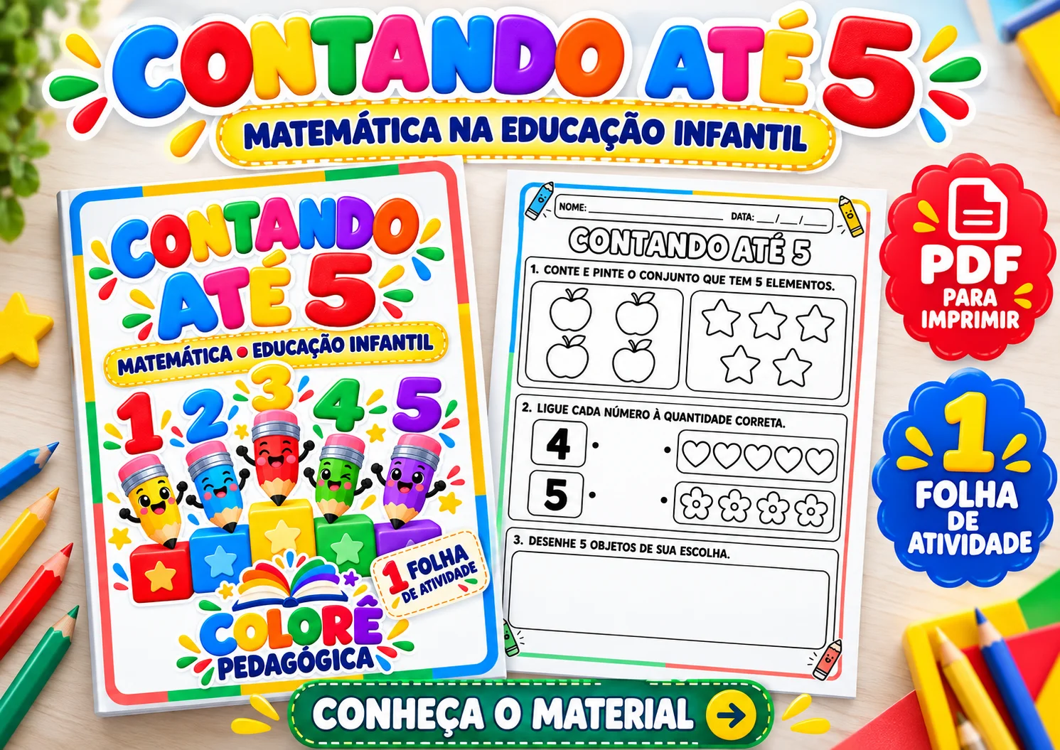 Contando até 5 — Atividade de Matemática para Educação Infantil PDF A4 — amostra 3: ✨ DESCRIÇÃO CURTA Uma atividade…