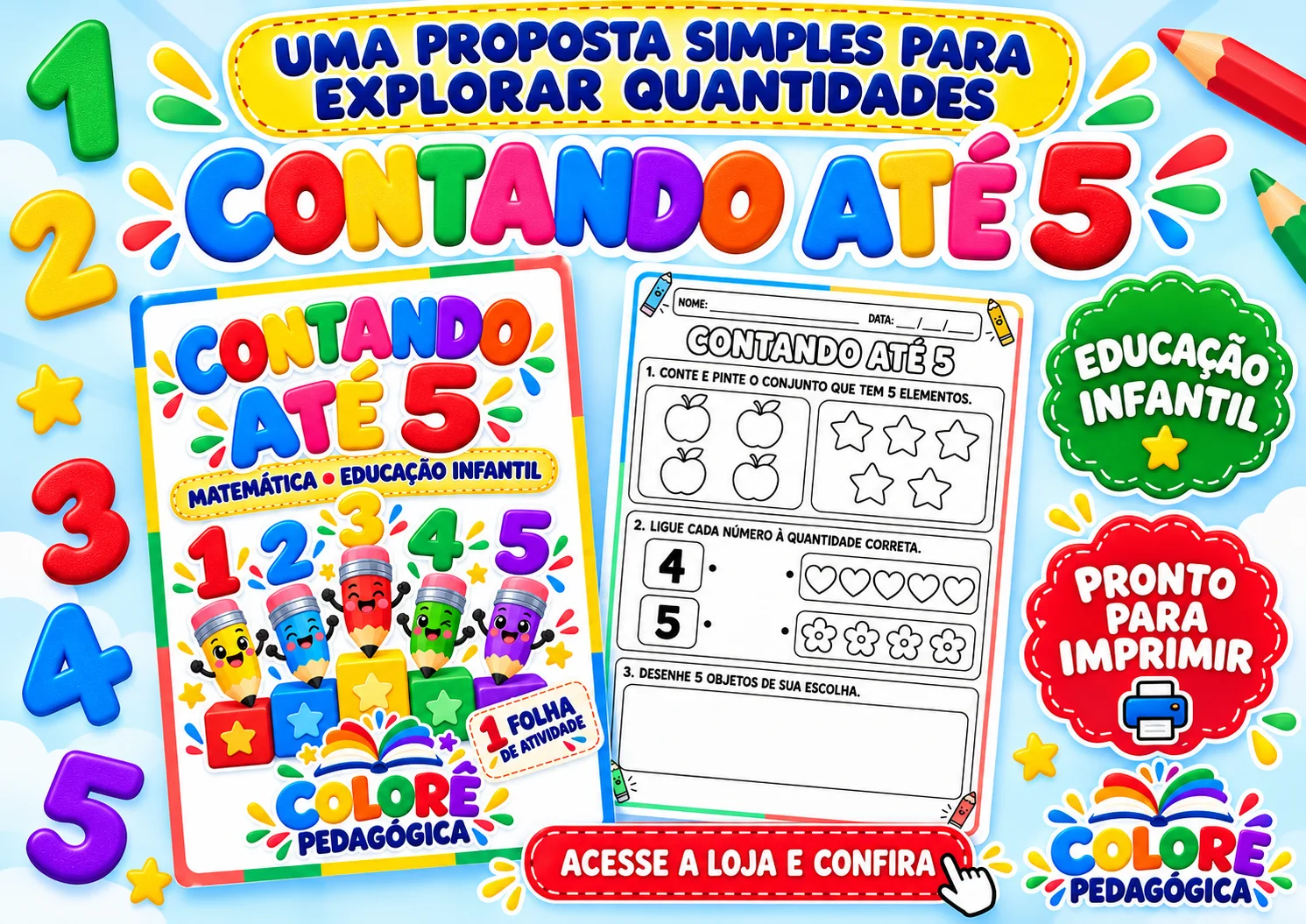 Contando até 5 — Atividade de Matemática para Educação Infantil PDF A4 — Matemática para Educação Infantil: ✨ DESCRIÇÃO…